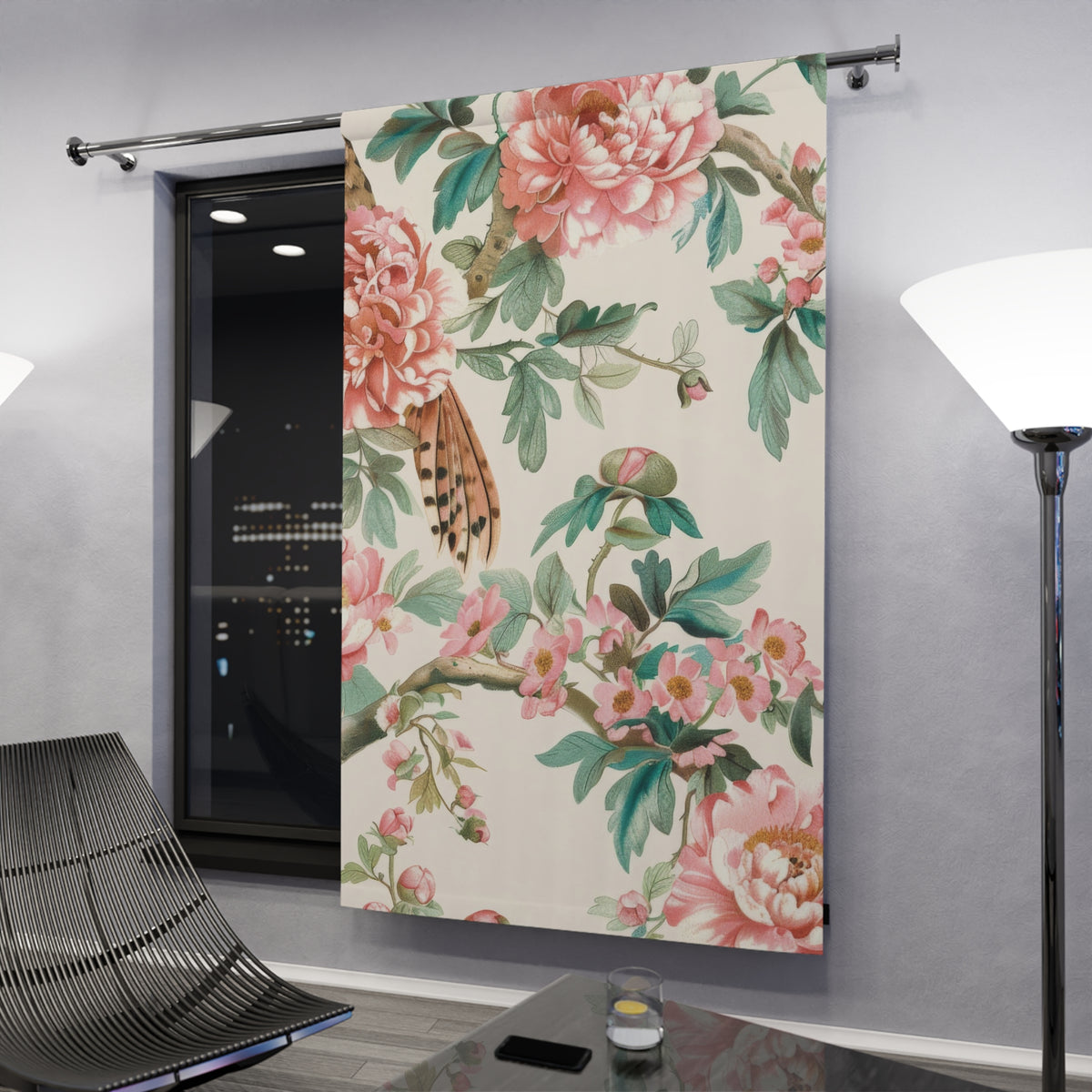 Chinoiserie Window Curtains Floral Pink Cream Green Blackout Window Curtains (1 Piece) - Mid Century Modern Gal