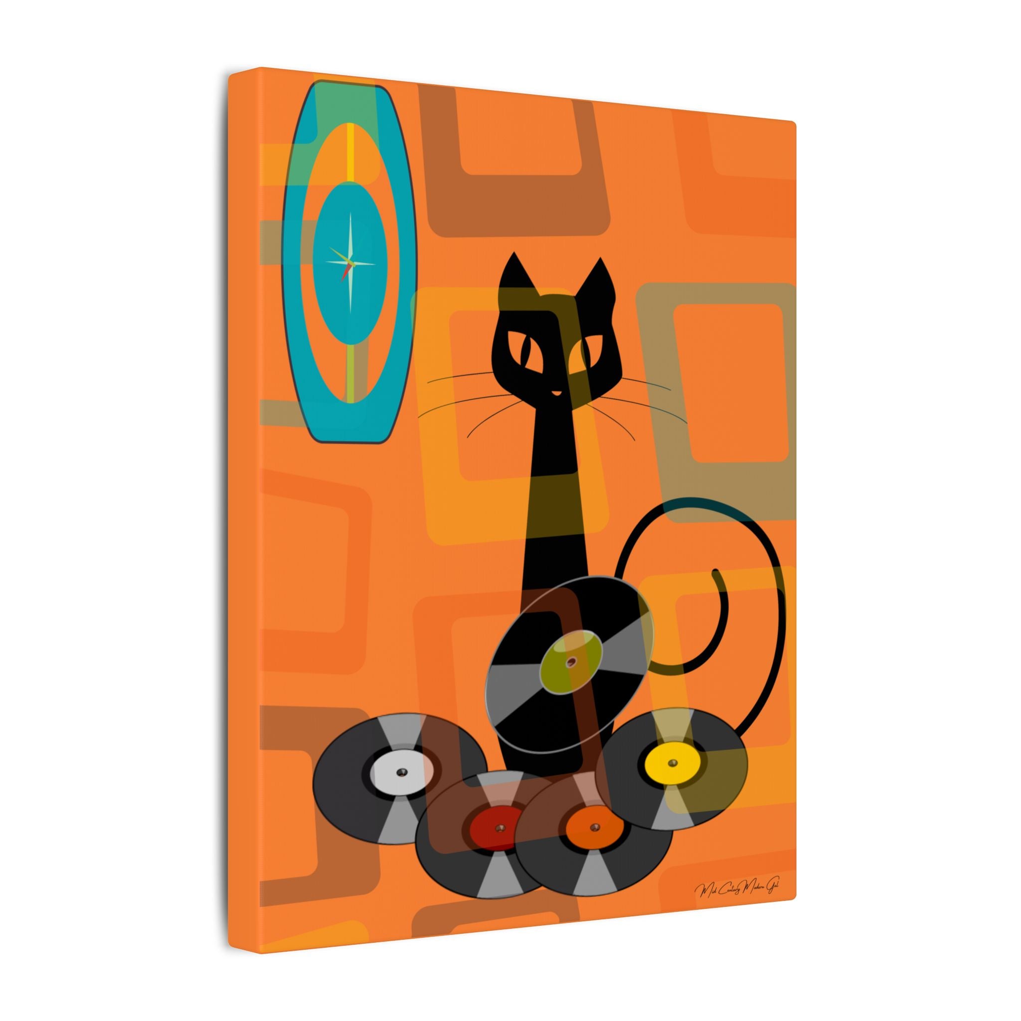 Atomic Cat Retro Groovy Records Mid Century Modern Orange Geometric, Canvas Gallery MCM Mid Mod Wall Art - Mid Century Modern Gal