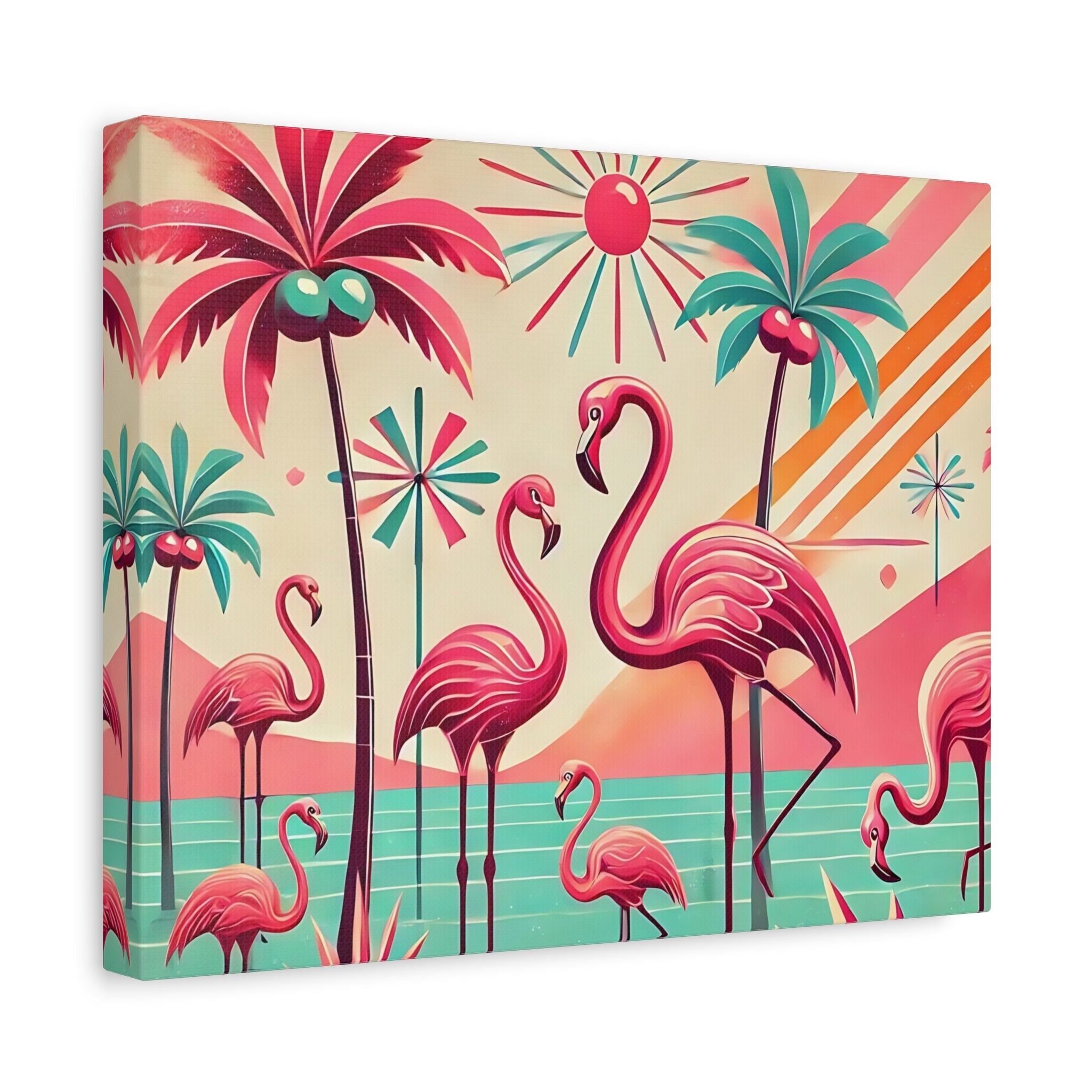 1950s Mid Century Modern Flamingo Art, Kitschy Pink, Teal, MCM Matte Canvas - Mid Century Modern Gal