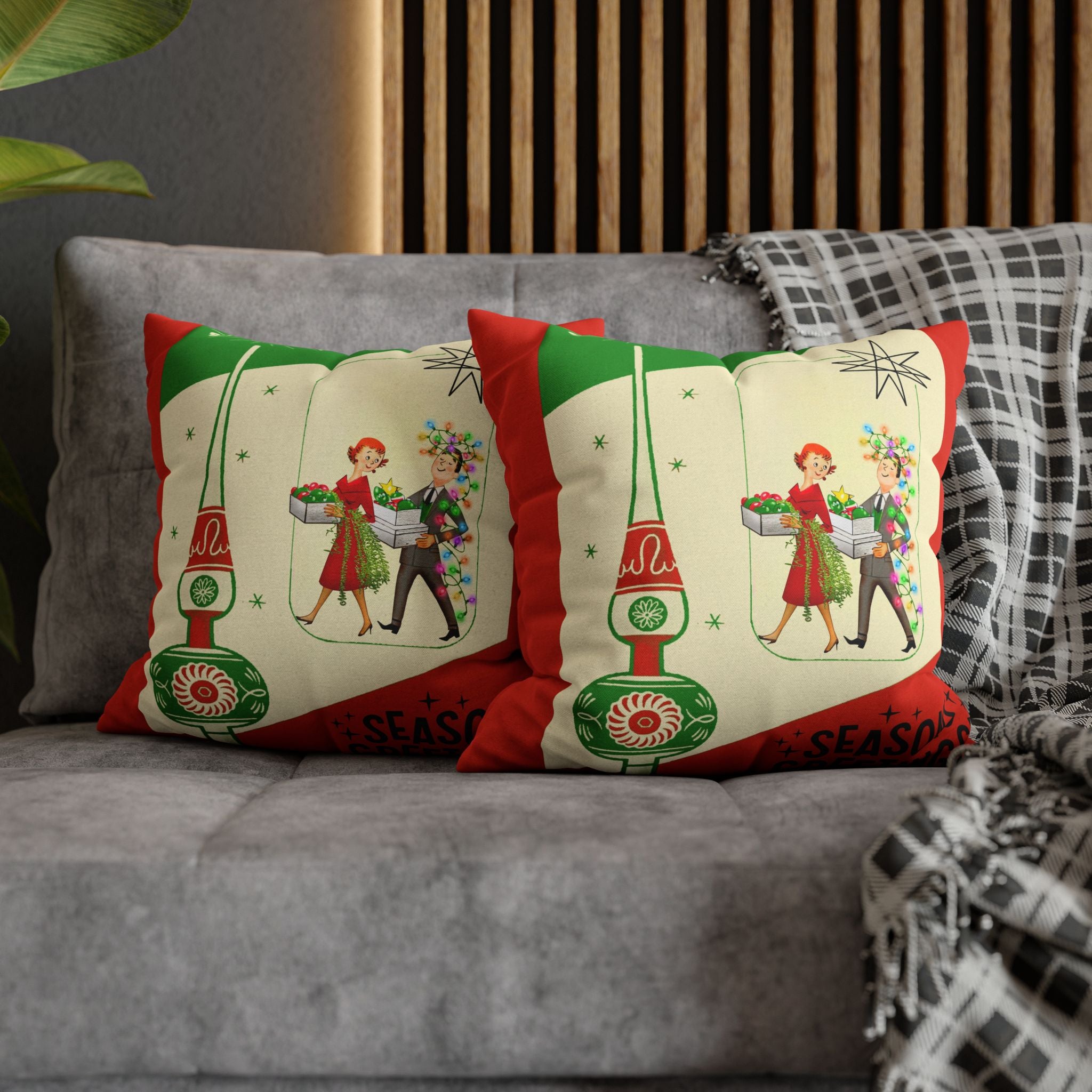Shiny Brite Holiday Pillow Cover, Mid Century Modern Kitschy Couple Season Greetings - Mid Century Modern Gal