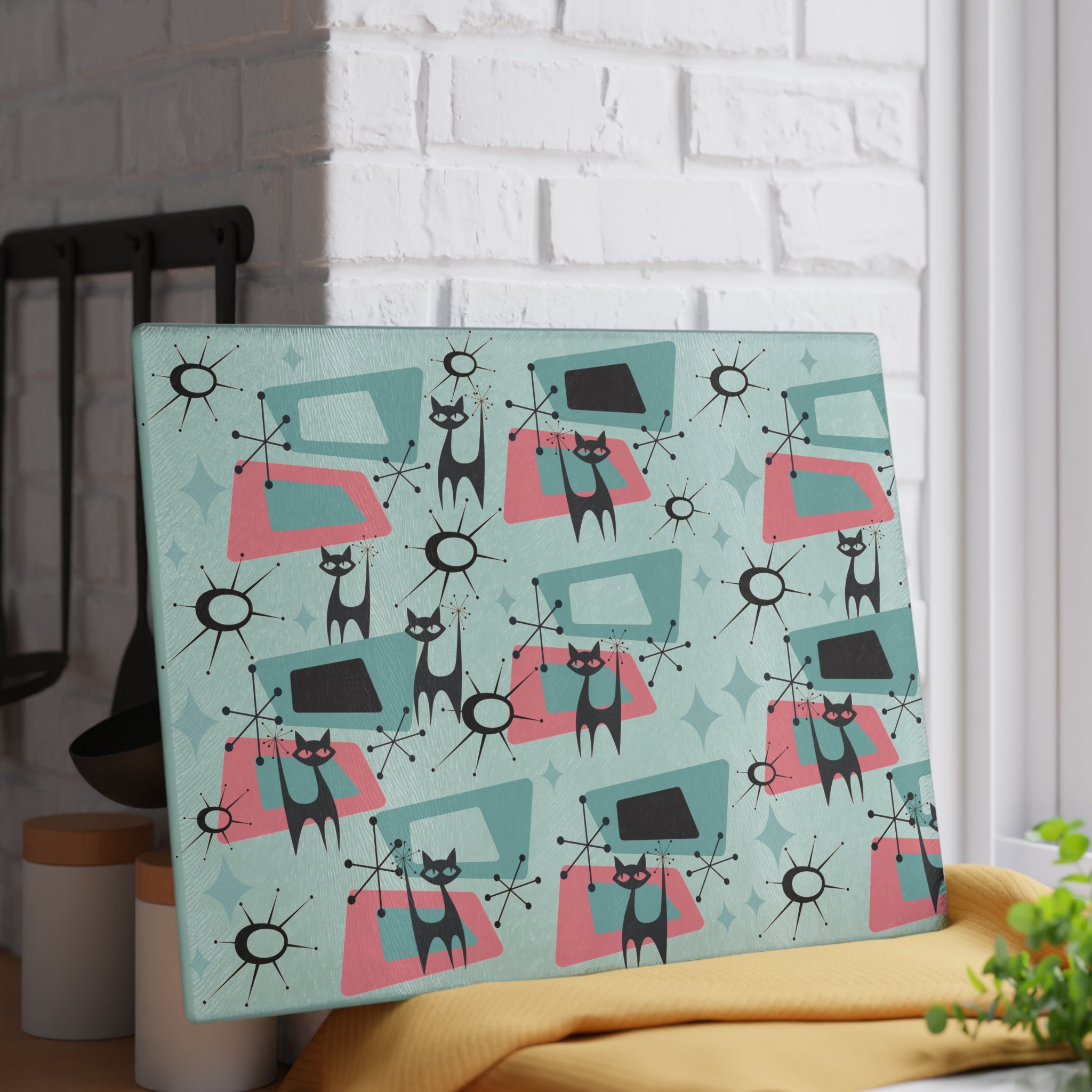 Atomic Space Cat, Cheese Board, Party Glass Cutting Board - Mid Century Modern Gal