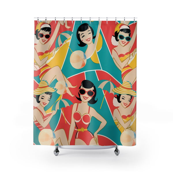 Mid Mod Beach Babes Vintage Summer Vibes Shower Curtain - Retro Beach Scene Decor