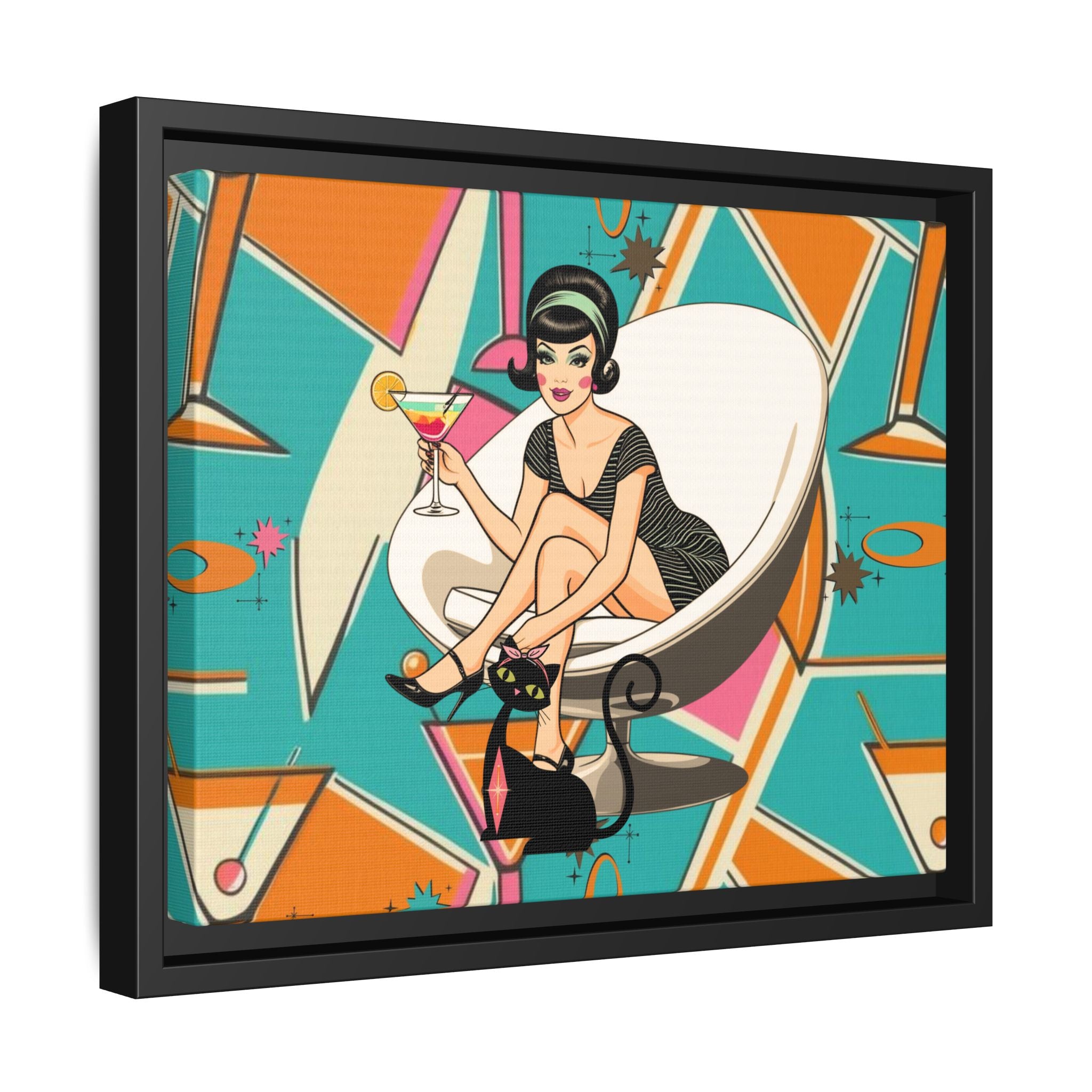 Mid Mod 60s Gal, Atomic Cat Barware Wall Art - Framed Matte Canvas with Vintage Cocktail And Retro Cat Design - Mid Century Modern Gal