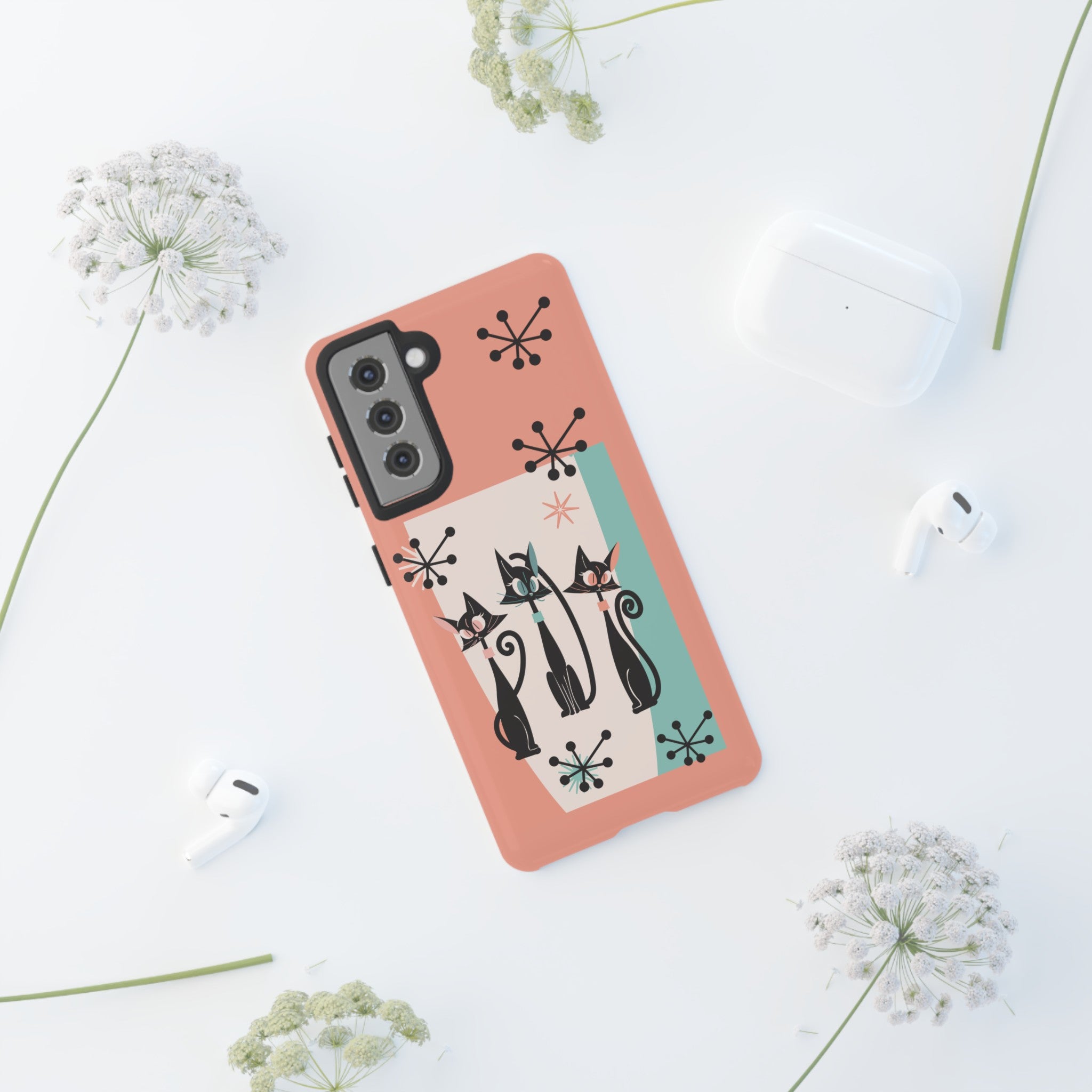 Atomic Cat Mid Mod Coral Aqua Blue Starburst Kitschy Fun Chic Samsung, Smart Phones Tough Cases - Mid Century Modern Gal