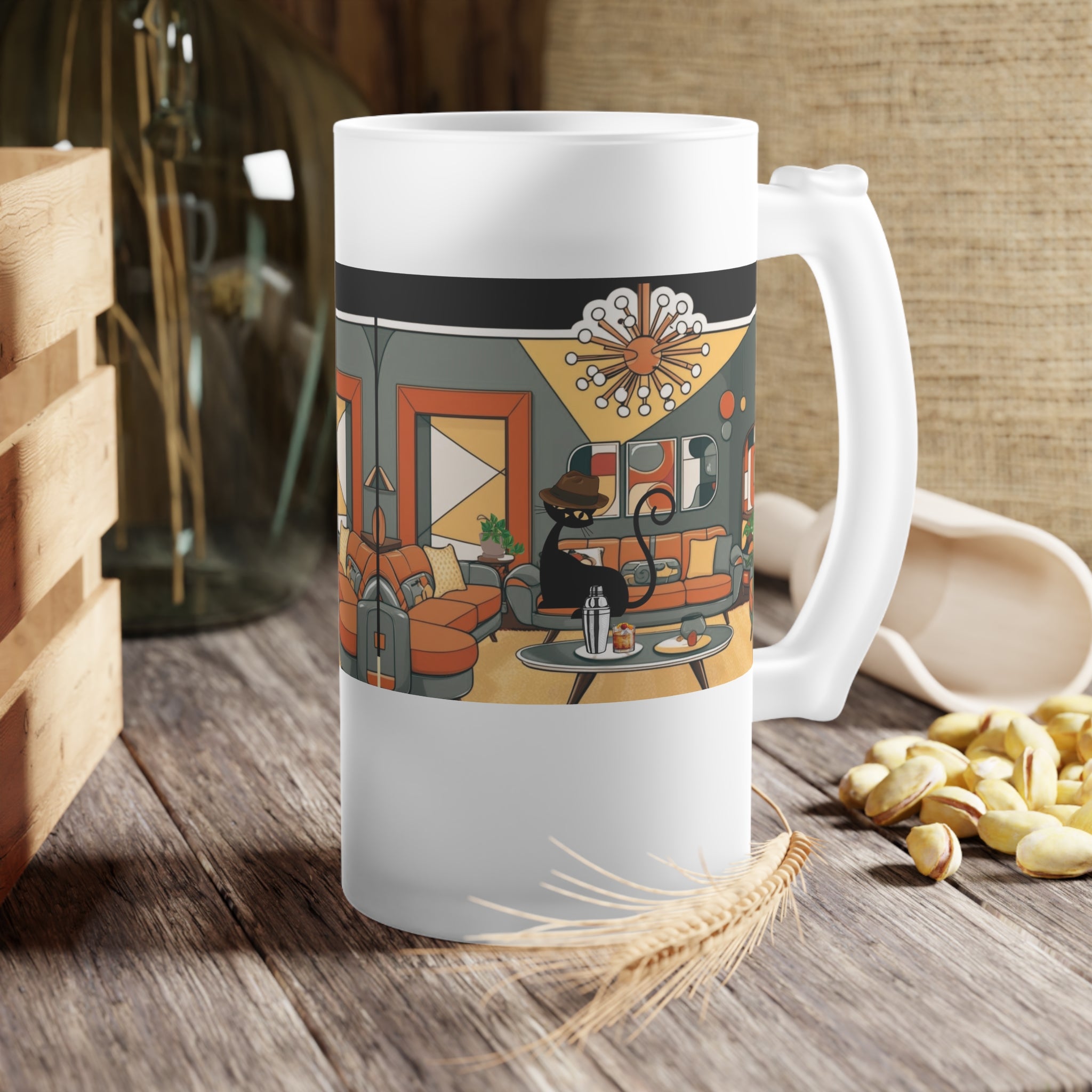Mid Century Modern Cool Cat Mid Mod Man, Retro Glass Beer Mug Unique Gift For Dad - Mid Century Modern Gal