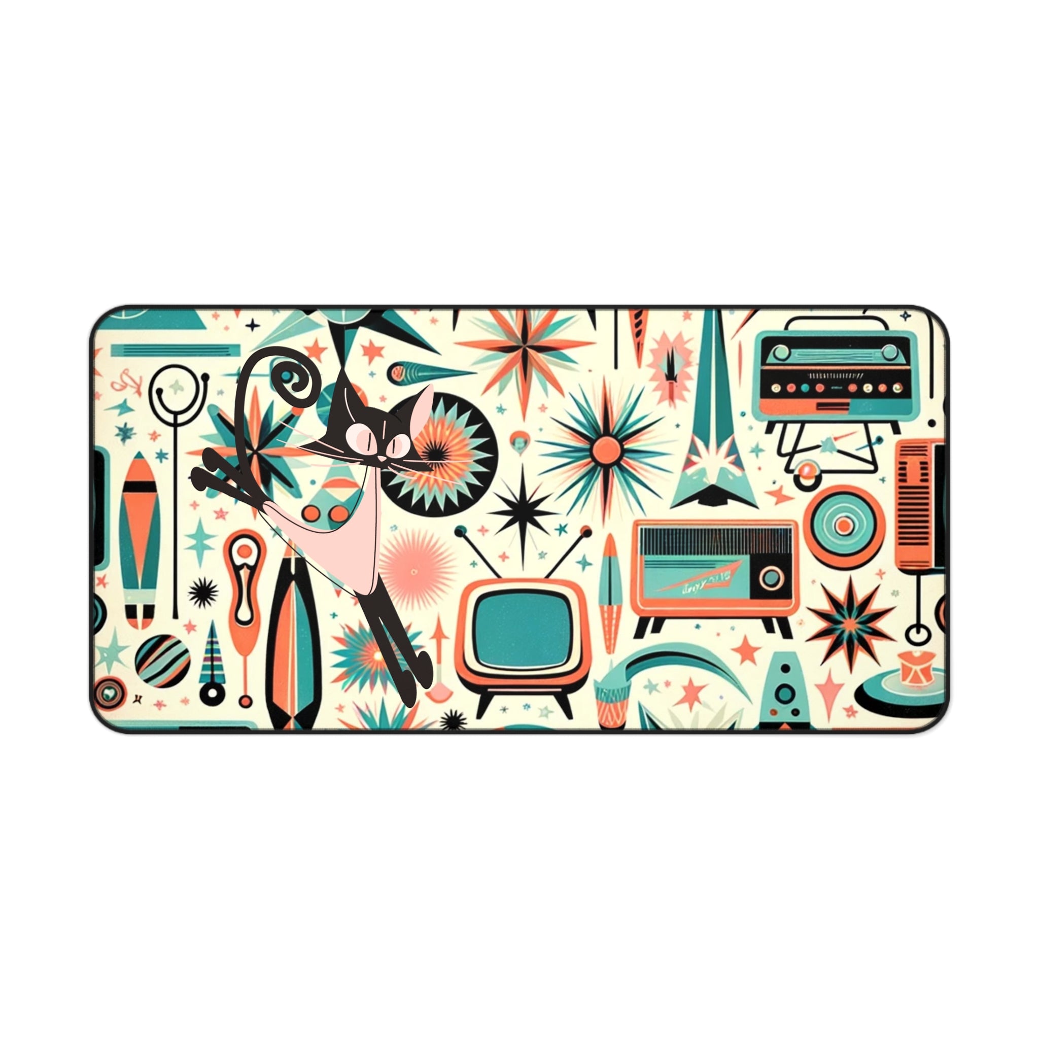 Atomic Space Cat Mid Century Modern Aqua Coral, Kitschy Desk Mat - Mid Century Modern Gal
