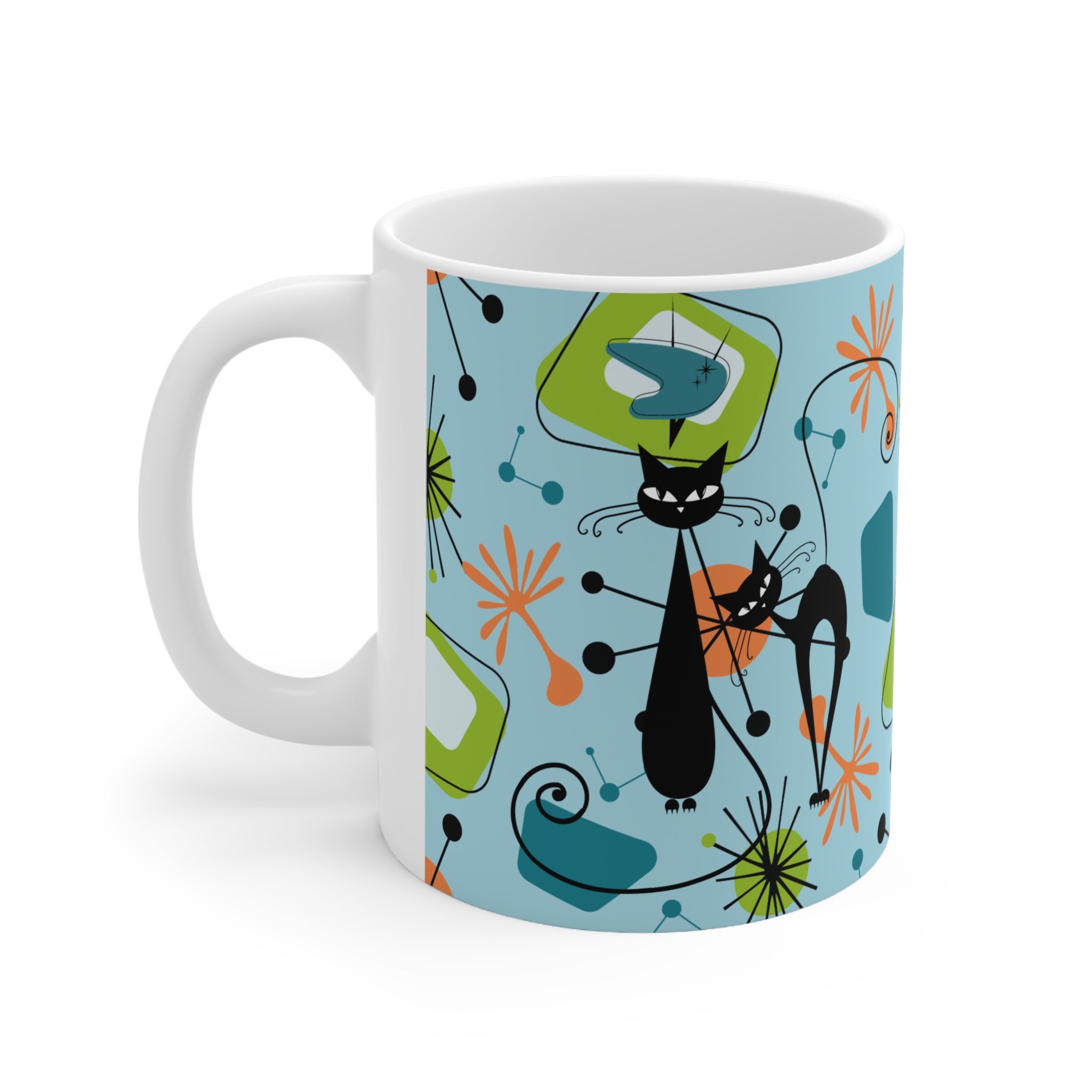 Atomic Cat Coffee Mug, Kitschy 50s Mid Century Modern Coffee, Tea, Blue, Green, Sputnik Starbursts Designs Ceramic Mug 11oz - Mid Century Modern Gal
