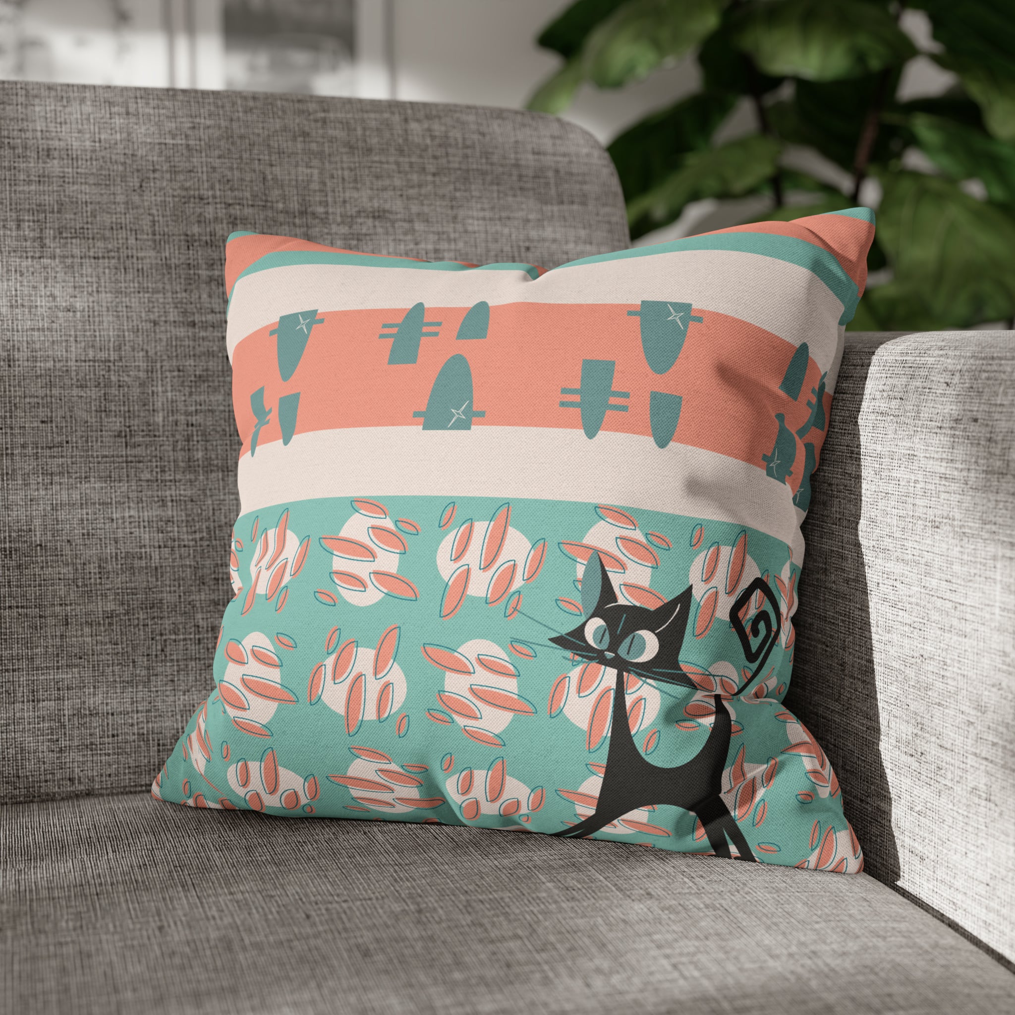 50s Nostalgic Atomic Cat Mid Century Modern Aqua, Coral Pink Peach, Kitschy Mid Century Modern Pillow Cover ONLY - Mid Century Modern Gal