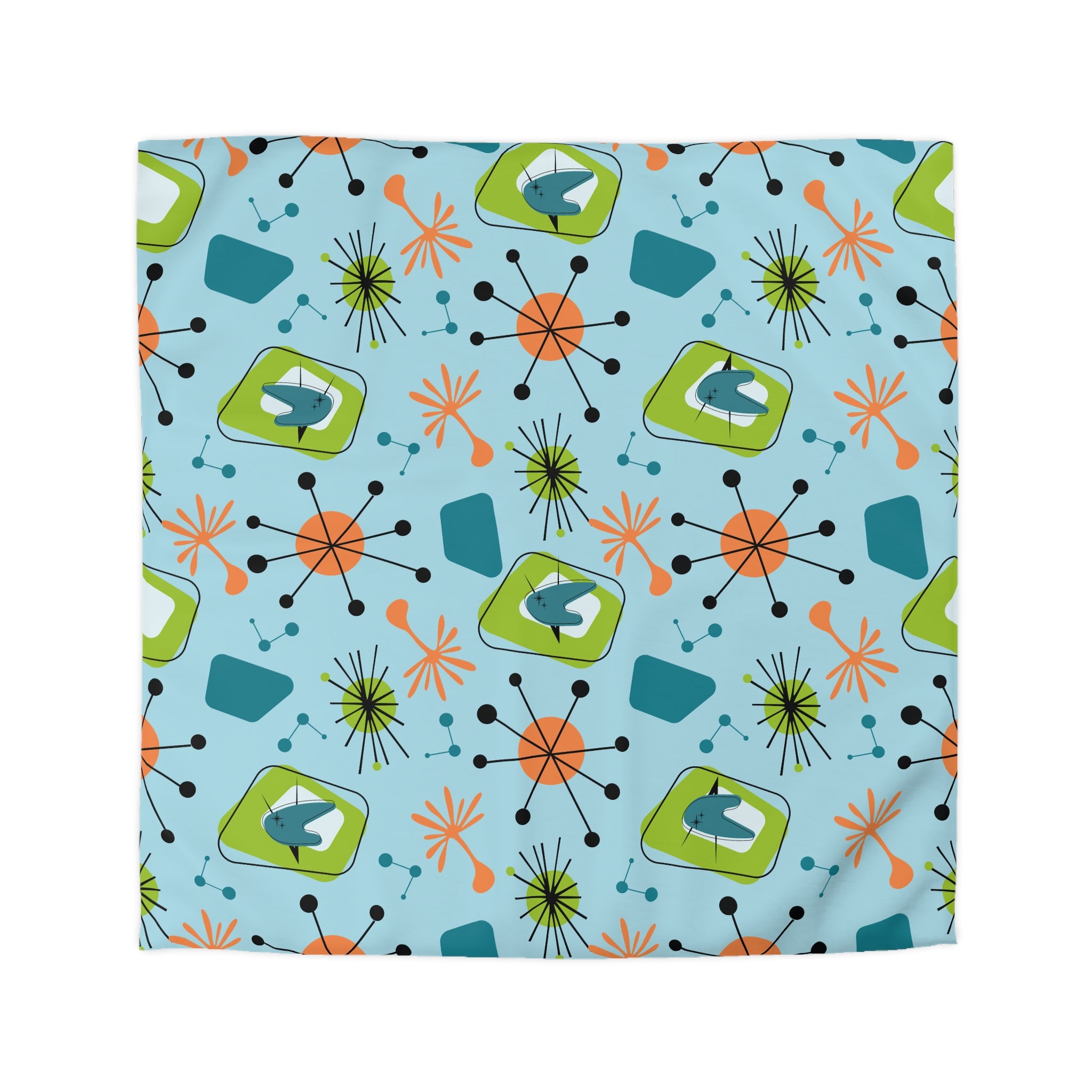 Mid Century Modern Duvet Cover, Atomic Starbursts Boomerangs, Orange, Blue, Green Duvet Cover - Mid Century Modern Gal