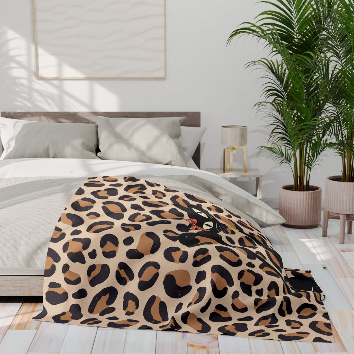 Leopard Print Atomic Cat, Cozy Lightweigt Kitschy Mid Mod Fleece Blanket - Mid Century Modern Gal