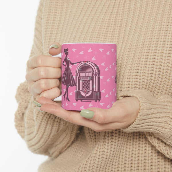 Vintage Retro Jukebox Ceramic Mug, Nostalgic Coffee Cup for Music Lovers, Gifts for Her, Housewarming, Birthday, Pink Design