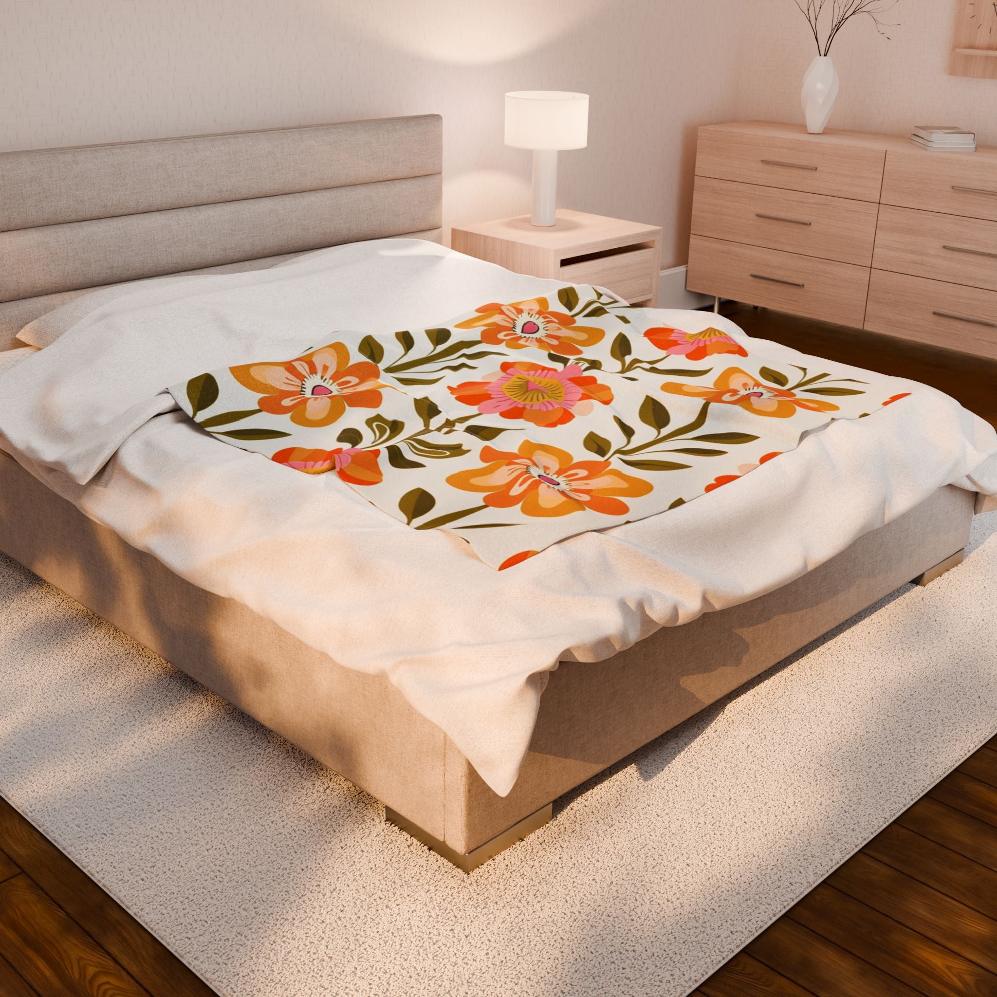 Scandinavian Mid Century Modern Floral Velveteen Plush Blanket - Cozy, Soft Throw for Home Decor & Gift Giving - Mid Century Modern Gal