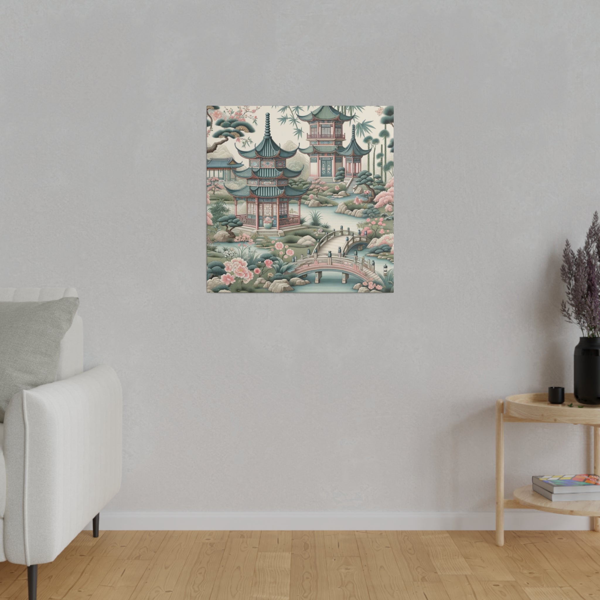 Chinoiserie Wall Art, Pagodas, Rivers, Pastel Southern Elegance Wall Art Matte Canvas - Mid Century Modern Gal