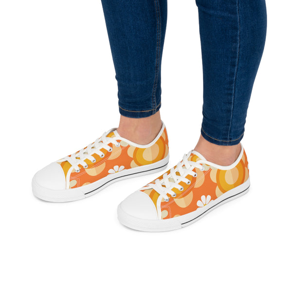 Retro 70s Floral Women's Low Top Sneakers - Trendy Orange Design