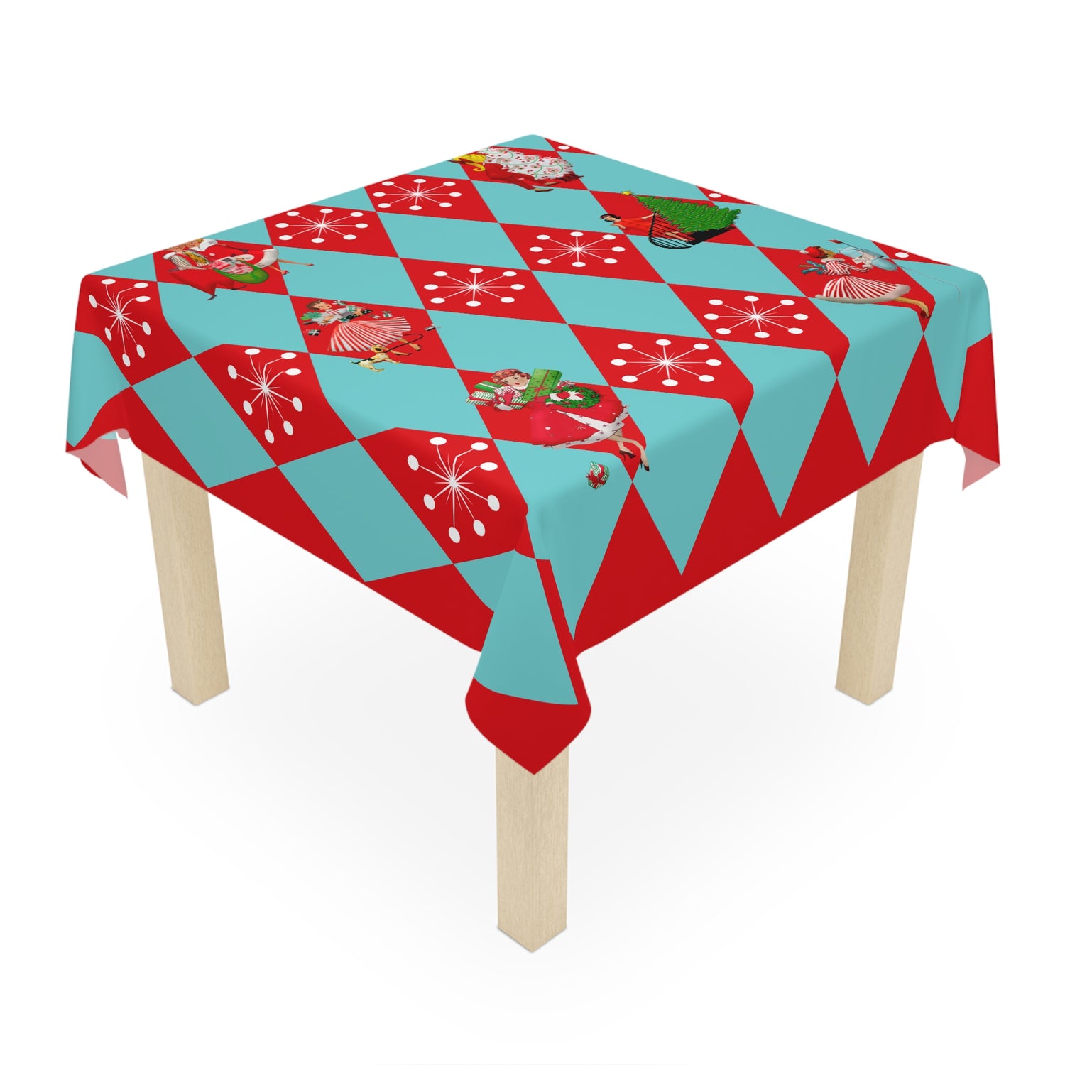 Christmas Tablecloth, Holiday Red, Aqua Harlequin Diamond 50s Gals Kitschy Christmas Table Decor - Mid Century Modern Gal