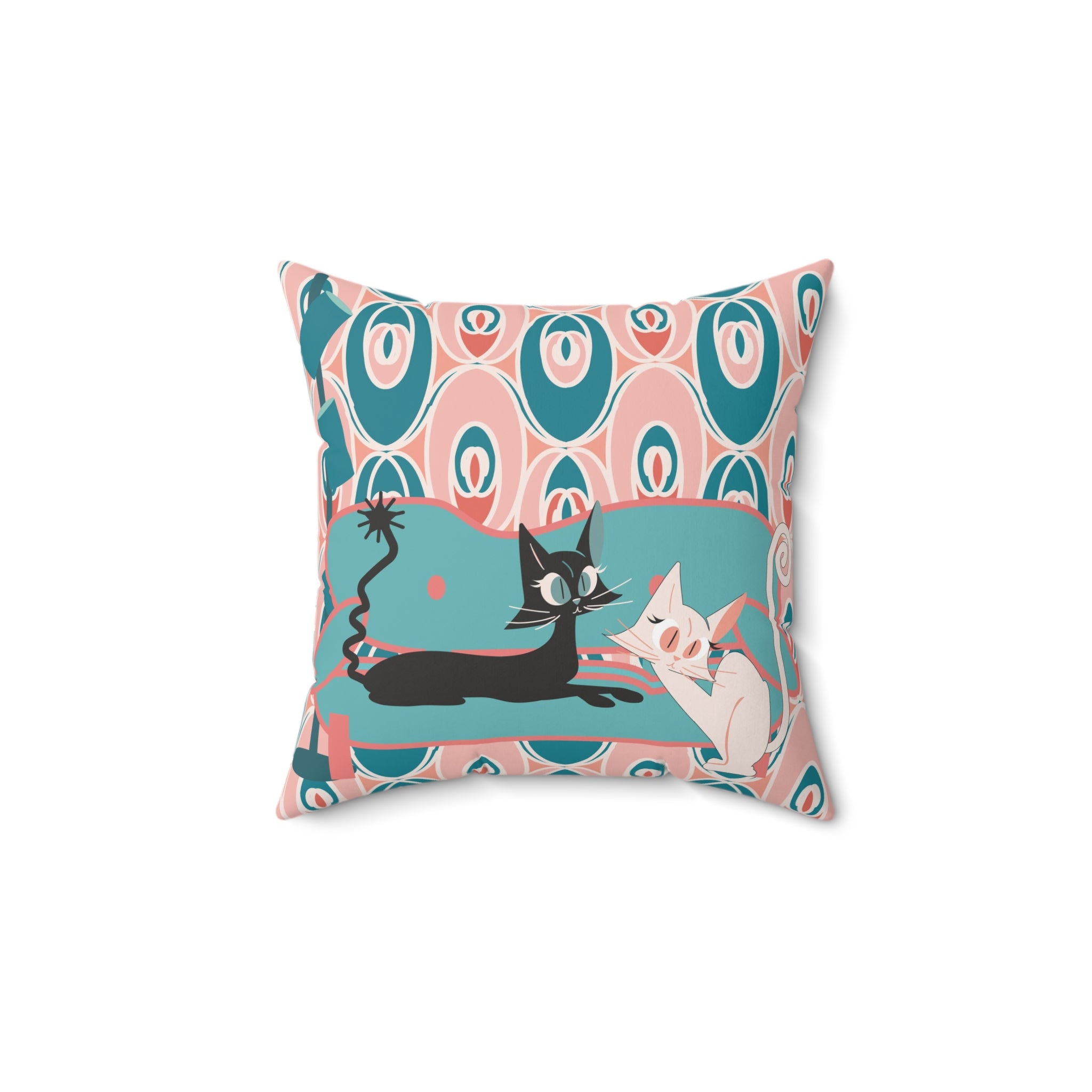 Atomic Black And White Kitty Cats, Mid Century Modern Teal Coral Pink, Kitschy Cute Pillow And Insert - Mid Century Modern Gal