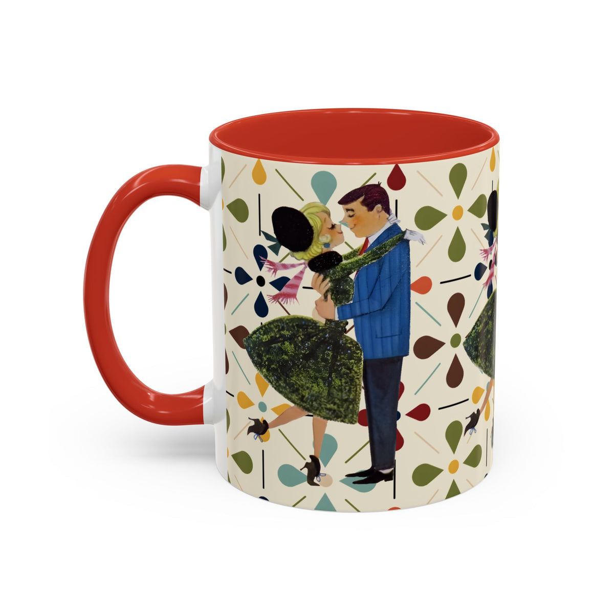 Mid Century Modern 50s Christmas mug featuring a couple dancing amid colorful flower patterns and a red handle.
