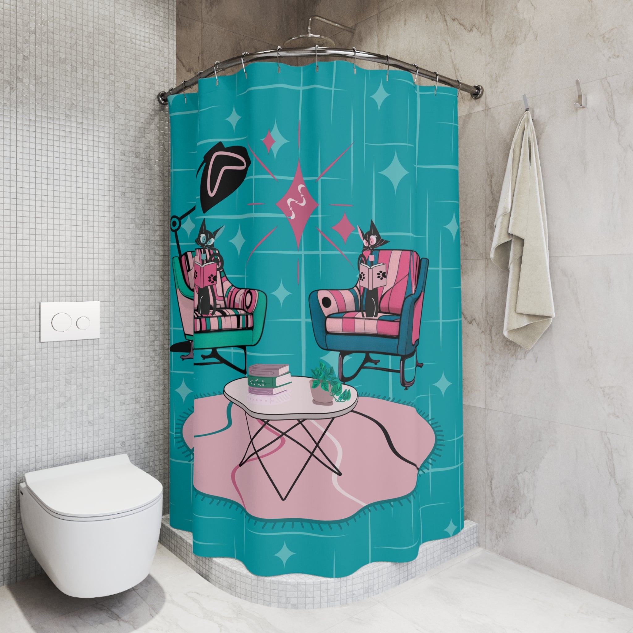 Mid-Century Modern Shower Curtain - Retro Cat Design For Book Lover, Book Club Gals Stylish Bathrooms - Mid Century Modern Gal