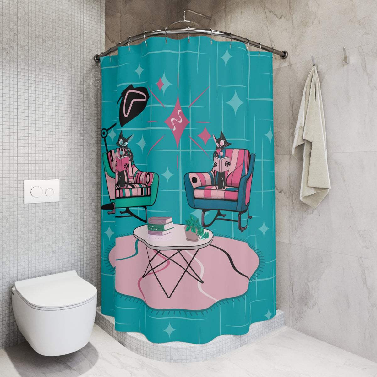 Mid-Century Modern Shower Curtain - Retro Cat Design For Book Lover, Book Club Gals Stylish Bathrooms - Mid Century Modern Gal