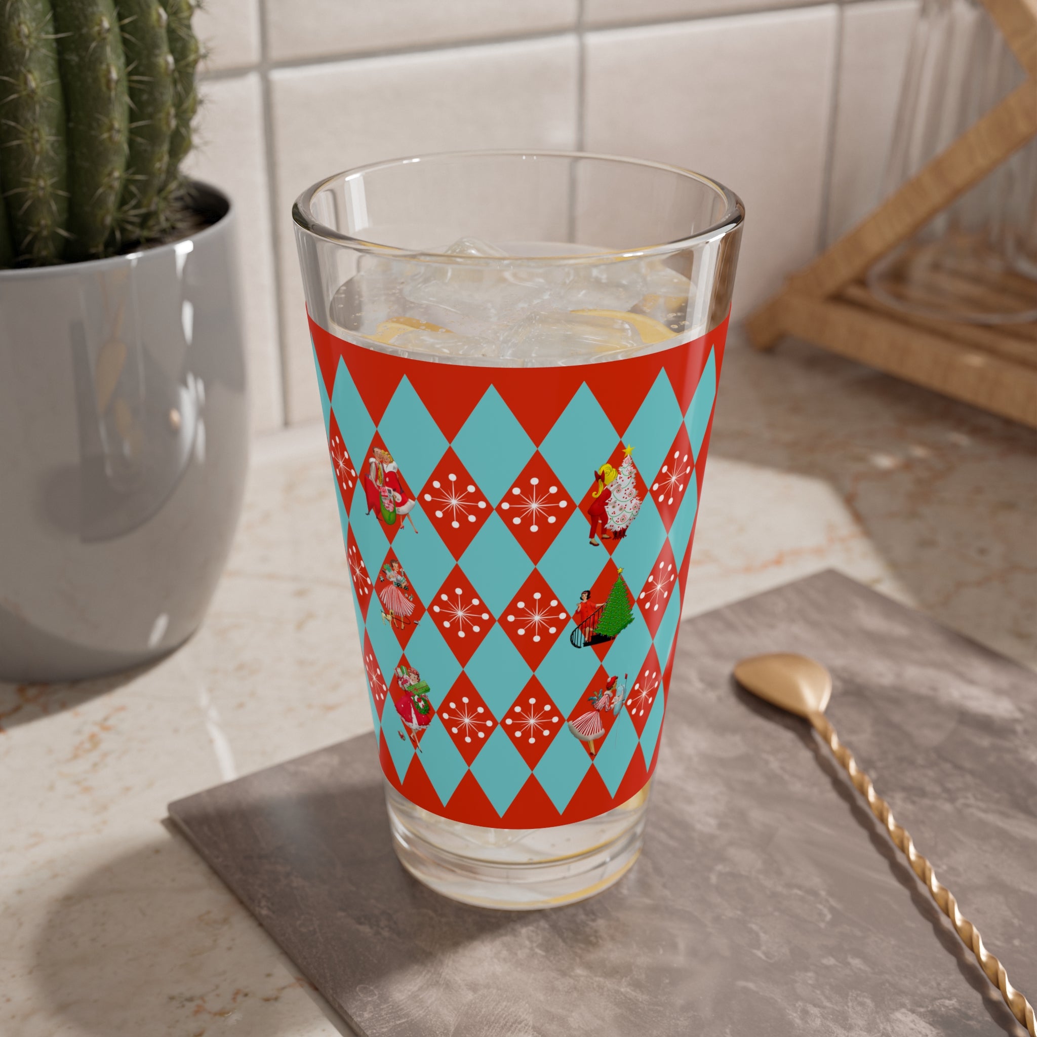 Christmas Glassware, Vintage Kitschy 50s Franciscan Diamond, Aqua Red, Holiday Tableware Mixing Glass, 16oz - Mid Century Modern Gal