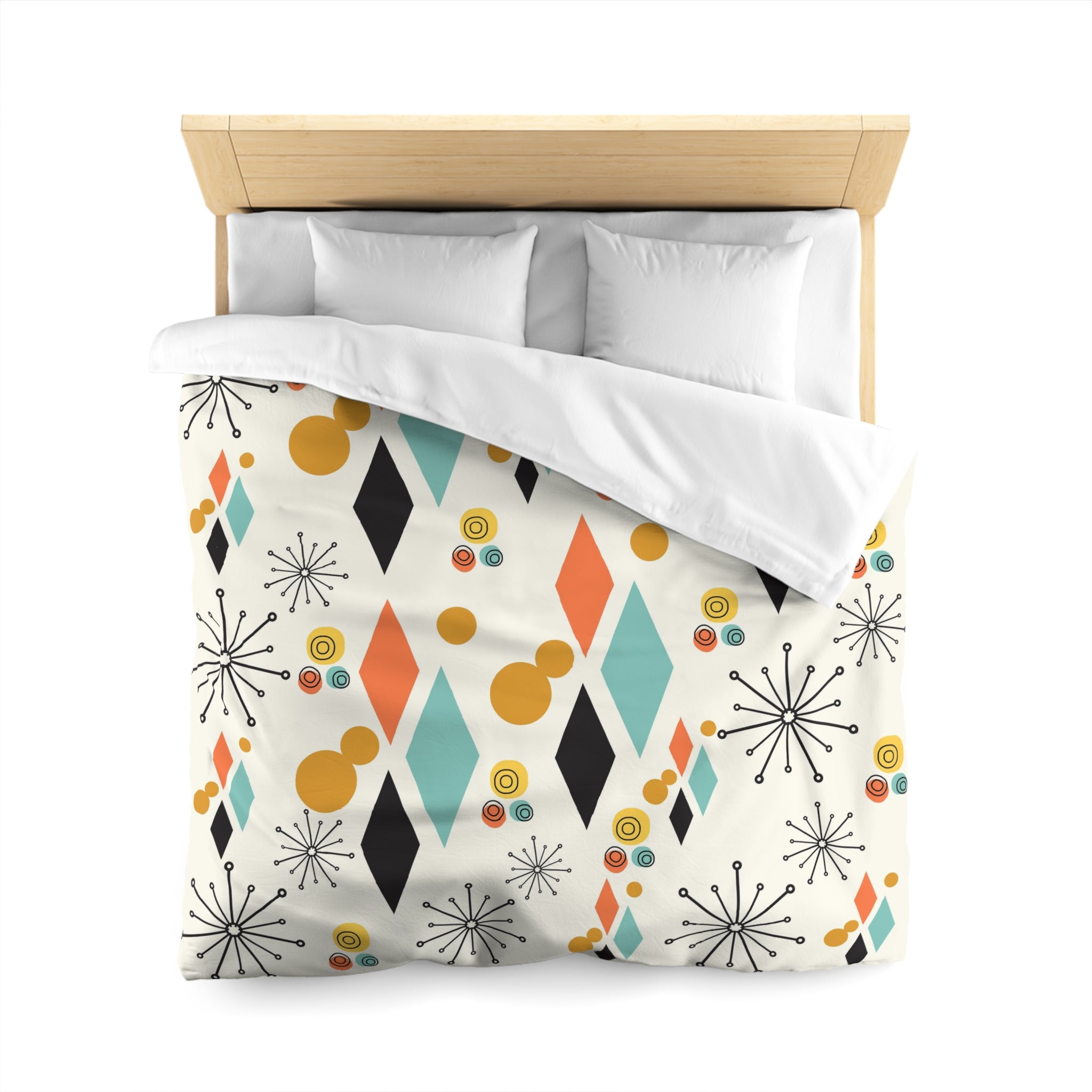 Mid Century Modern Bedding, Atomic Diamond, Sputnik,Beige, Aqua, Coral,Mustard Yellow, Retro Mod Duvet Covers - Mid Century Modern Gal