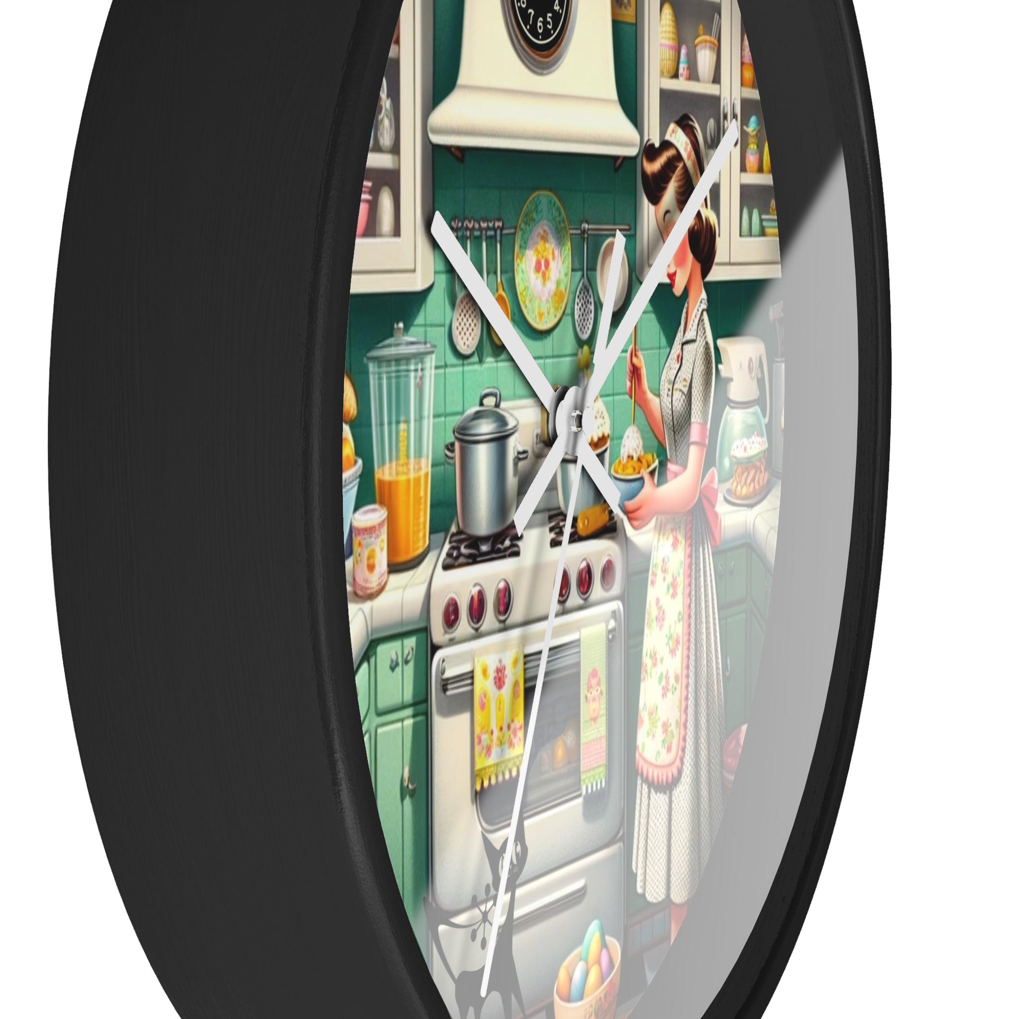 Vintage Kitschy Designed Mid Mod Gal Atomic Cat, Spring Wall Clock with Retro Cooking Design - Mid Century Modern Gal