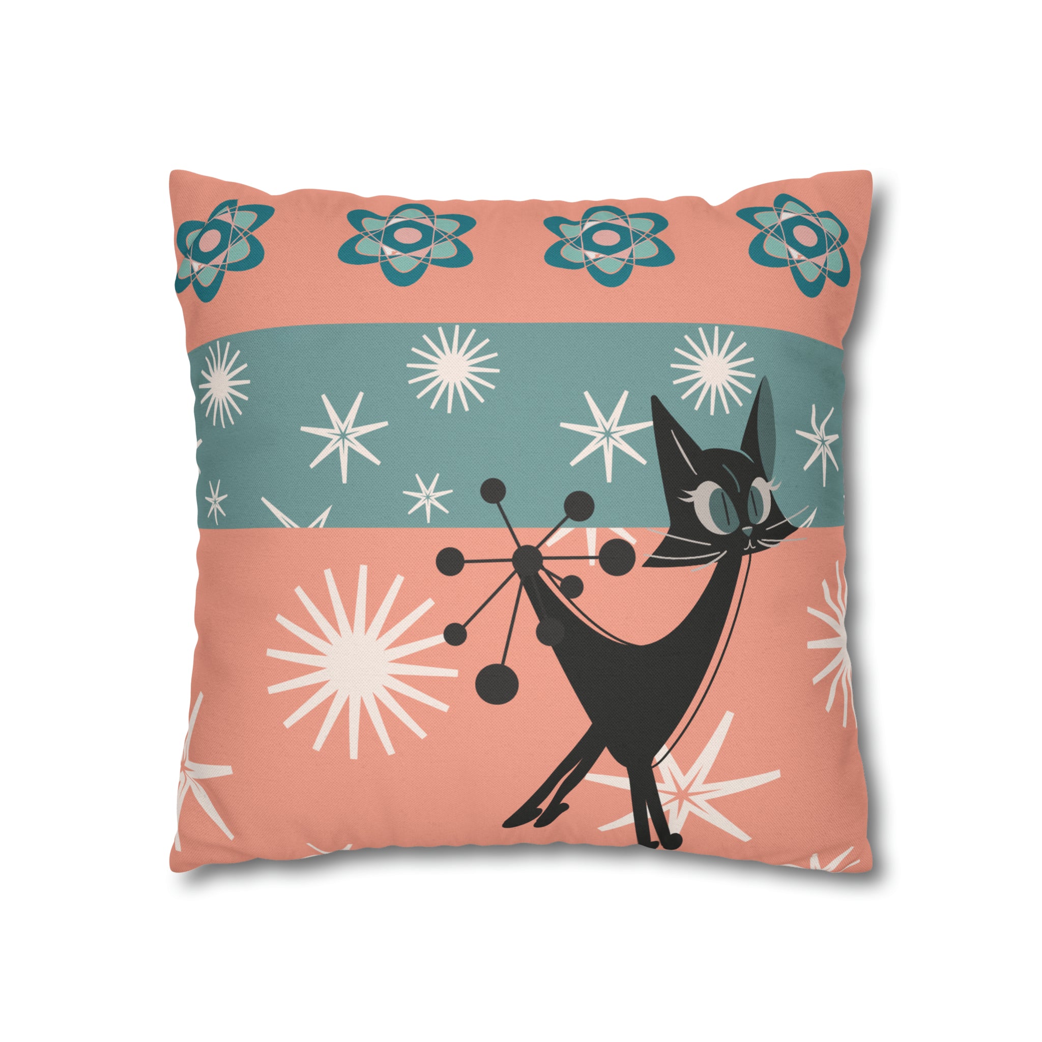 Atomic Kitschy Kittie, Black Cat Lover, Mid Century Modern Boomerang, Retro Coral, Teal, Starburst, 50s Pillow Case Cover - Mid Century Modern Gal