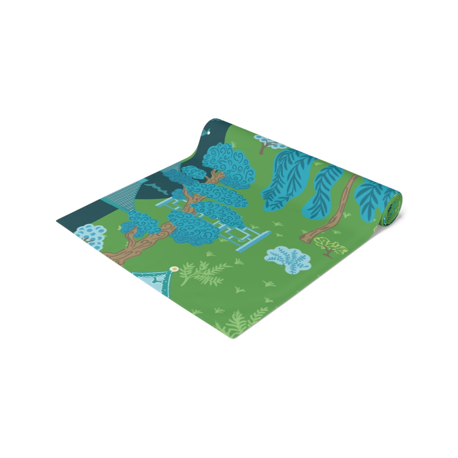 Chinoiserie Pagoda Blue, Green Tranquil Asian Inspired Table Setting Runner - Mid Century Modern Gal