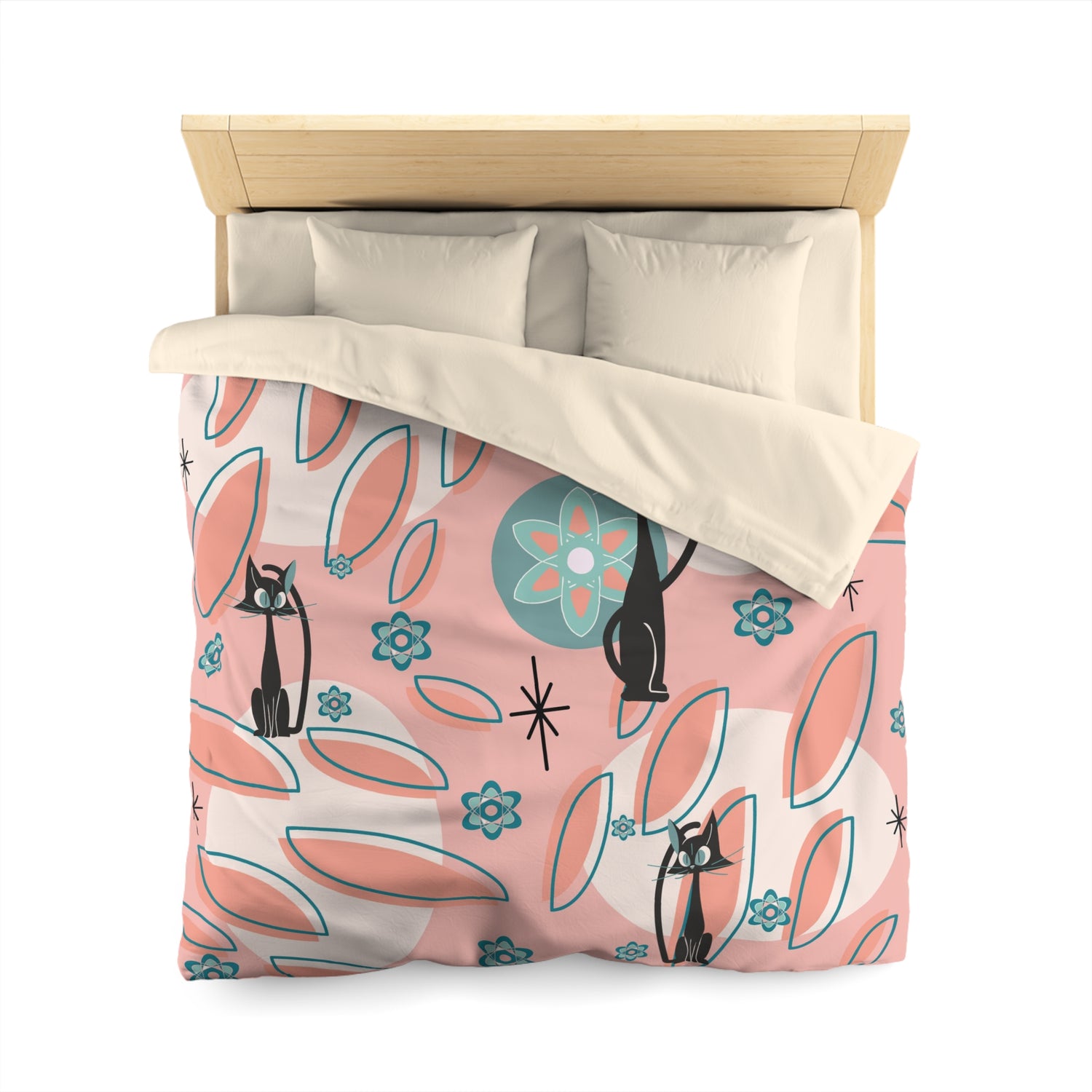 Atomic Cat Mid Century Modern Bedding, Coral Peach, Kitschy Abstract, Atomic Space, MCM Kitschy 50s Duvet Cover - Mid Century Modern Gal
