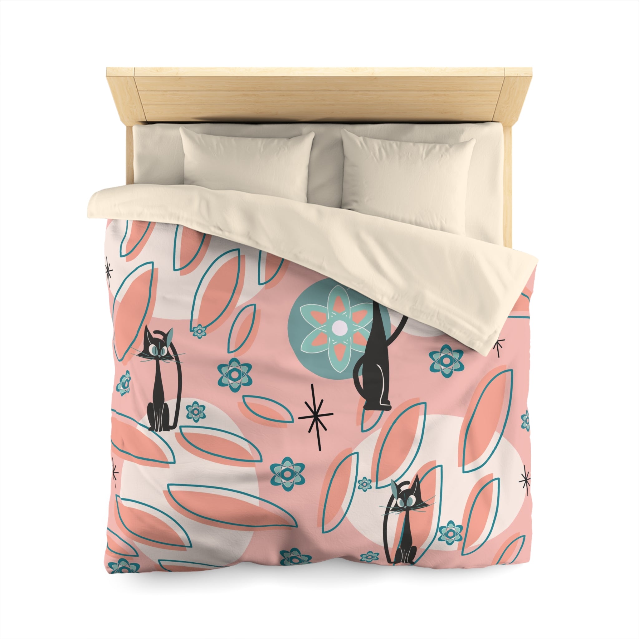 Atomic Cat Mid Century Modern Bedding, Coral Peach, Kitschy Abstract, Atomic Space, MCM Kitschy 50s Duvet Cover - Mid Century Modern Gal