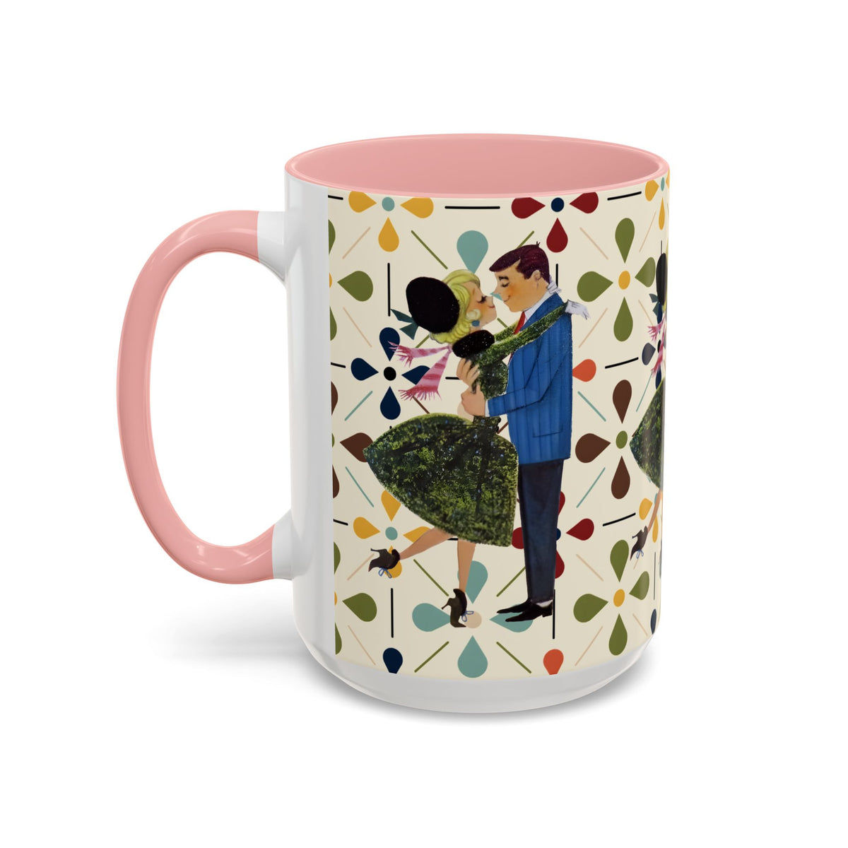 Mid Century Modern 50s Christmas mug featuring a kitschy floral design and a dancing couple in vibrant colors.