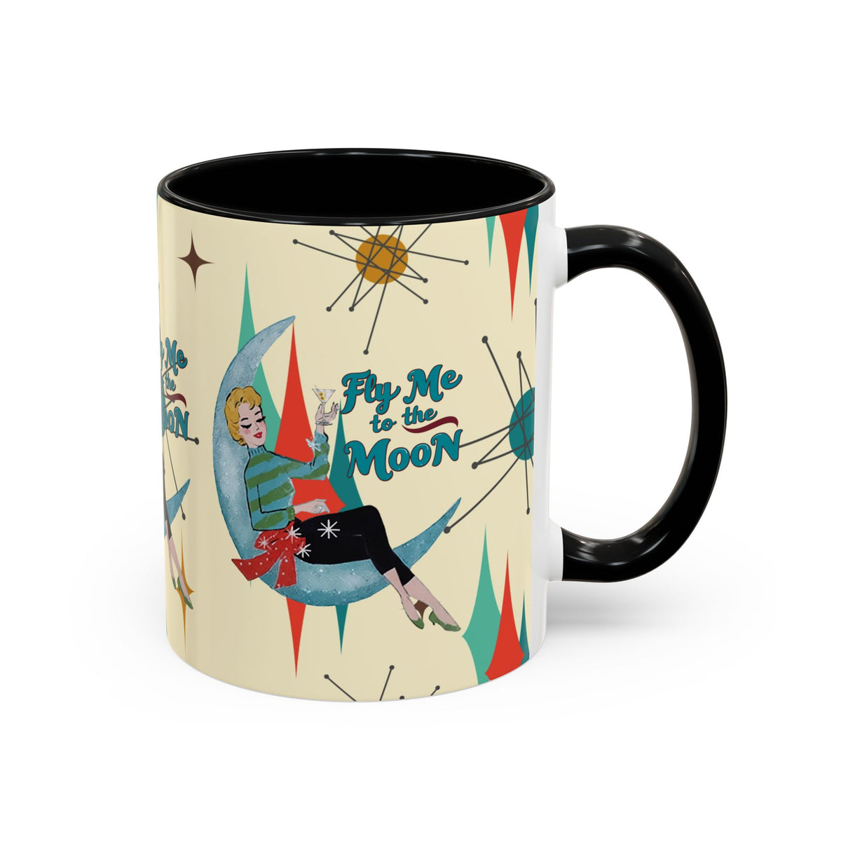 Mid Century Modern Retro Christmas Mug, 'Fly Me to the Moon' Accent Coffee Mug - Vintage Vibe for Coffee Lovers - Mid Century Modern Gal