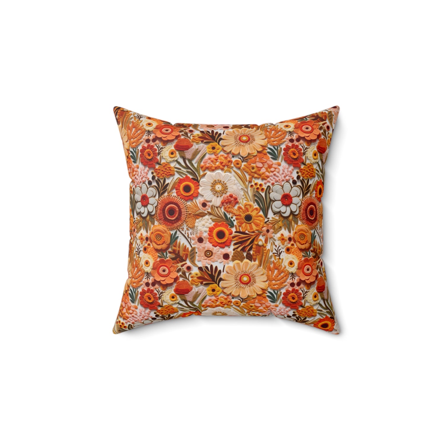 1970s Harvest Gold, Orange, Faux Embroidered Pillow And Insert - Mid Century Modern Gal