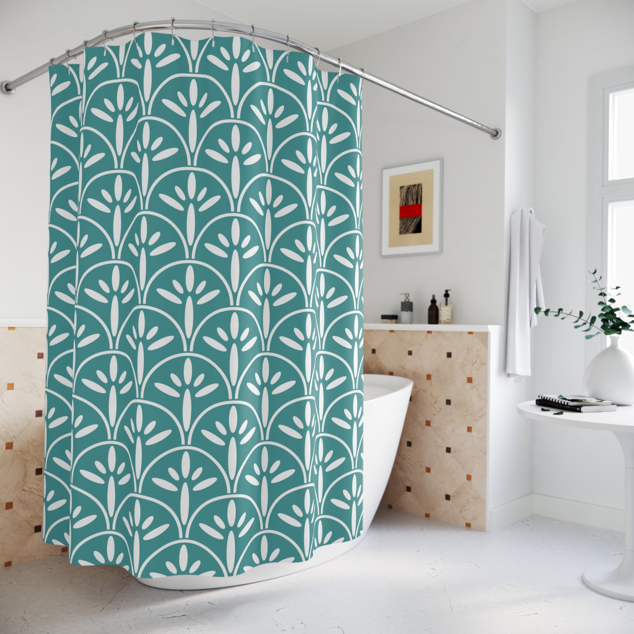 Art Deco Blue Elegant Botanical Shower Curtain – Stylish Home Decor for Relaxing Bathrooms - Mid Century Modern Gal