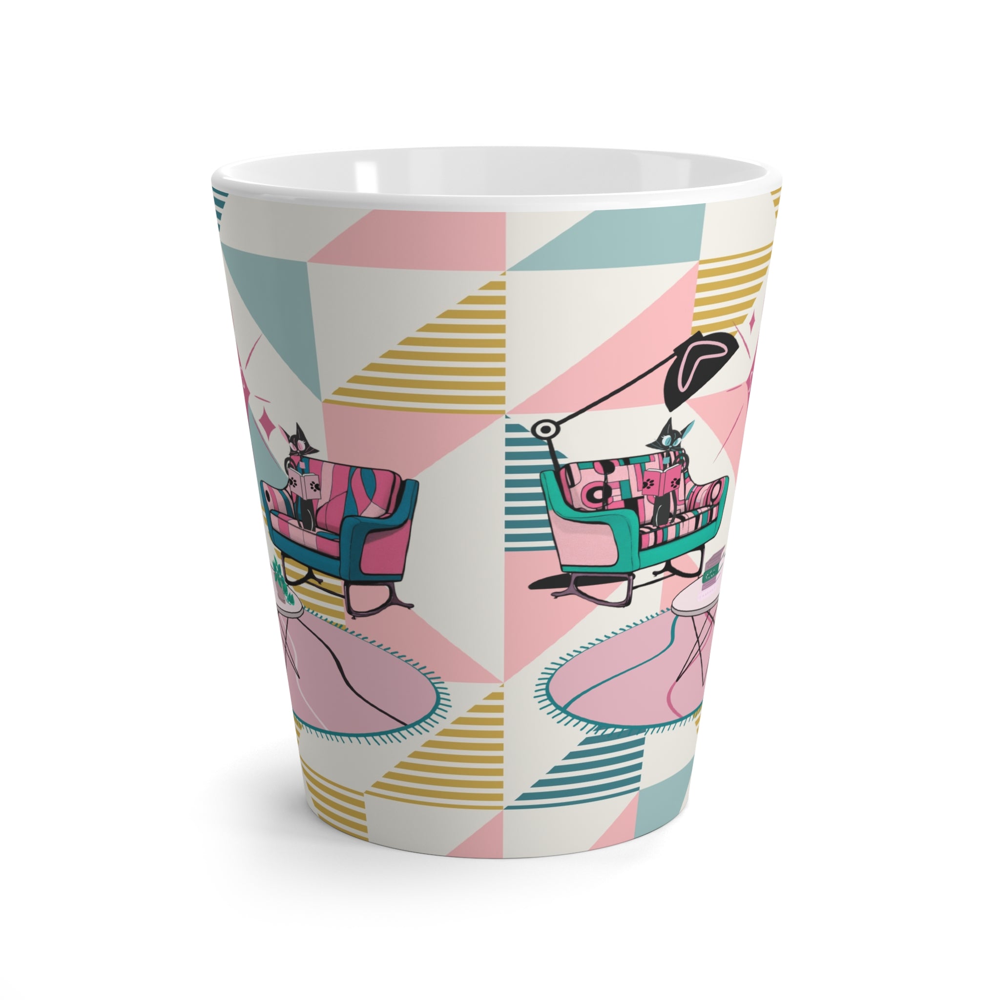 Mid-Century Modern Atomic Cats Reading, Book Club, Book Lover, Retro Latte Mug with Cozy Living Room Design - Mid Century Modern Gal