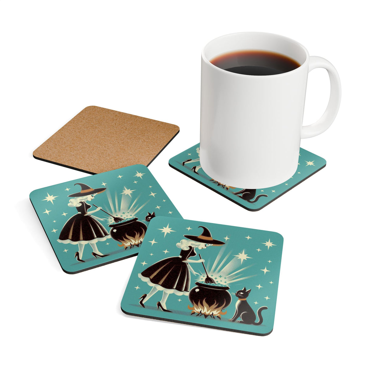 Witch's Brew Mid Century Modern Halloween Gothic Teal Corkwood Coaster Set - Mid Century Modern Gal