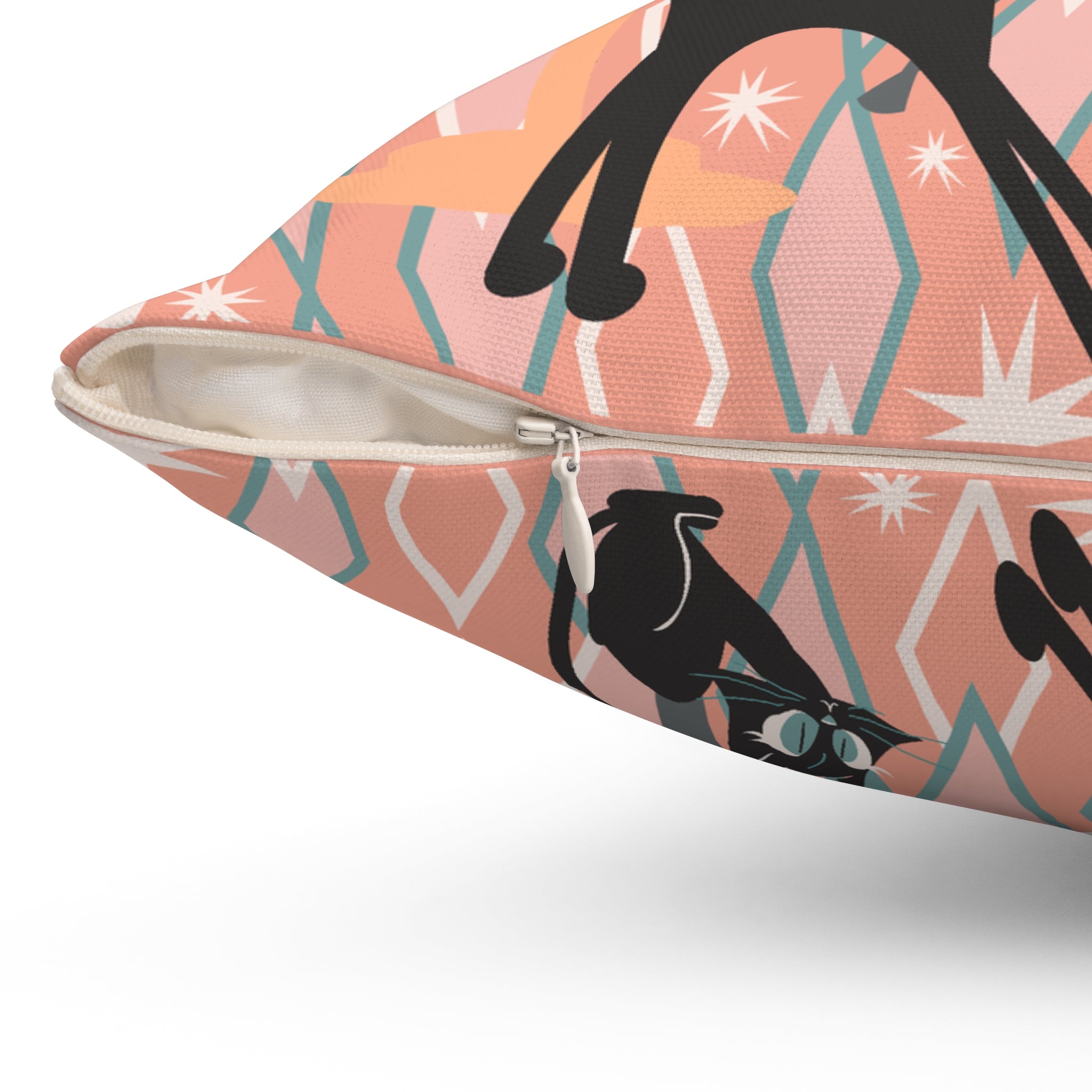 Atomic Cat Pillow, Retro TV, Kitschy Fun, Whimsical Quirky 50s Mid Century Modern Pillow And Insert, Coral Pink, Teal, Creamy Beige - Mid Century Modern Gal