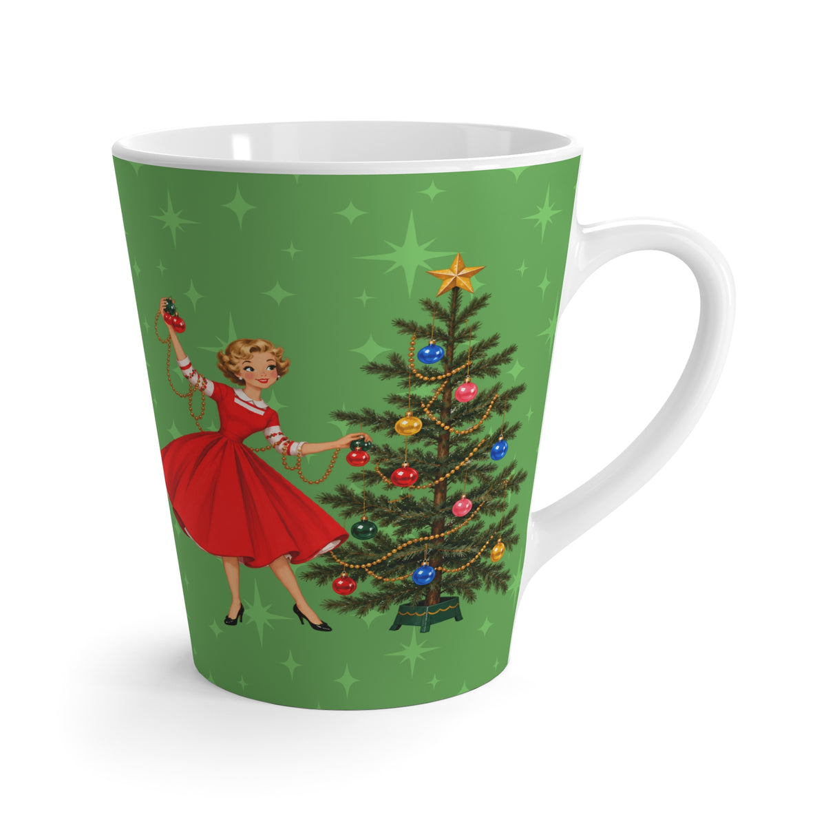Mid Century Modern Gal Decorating Christmas Tree, Green Atomic Starbursts Latte Mug
