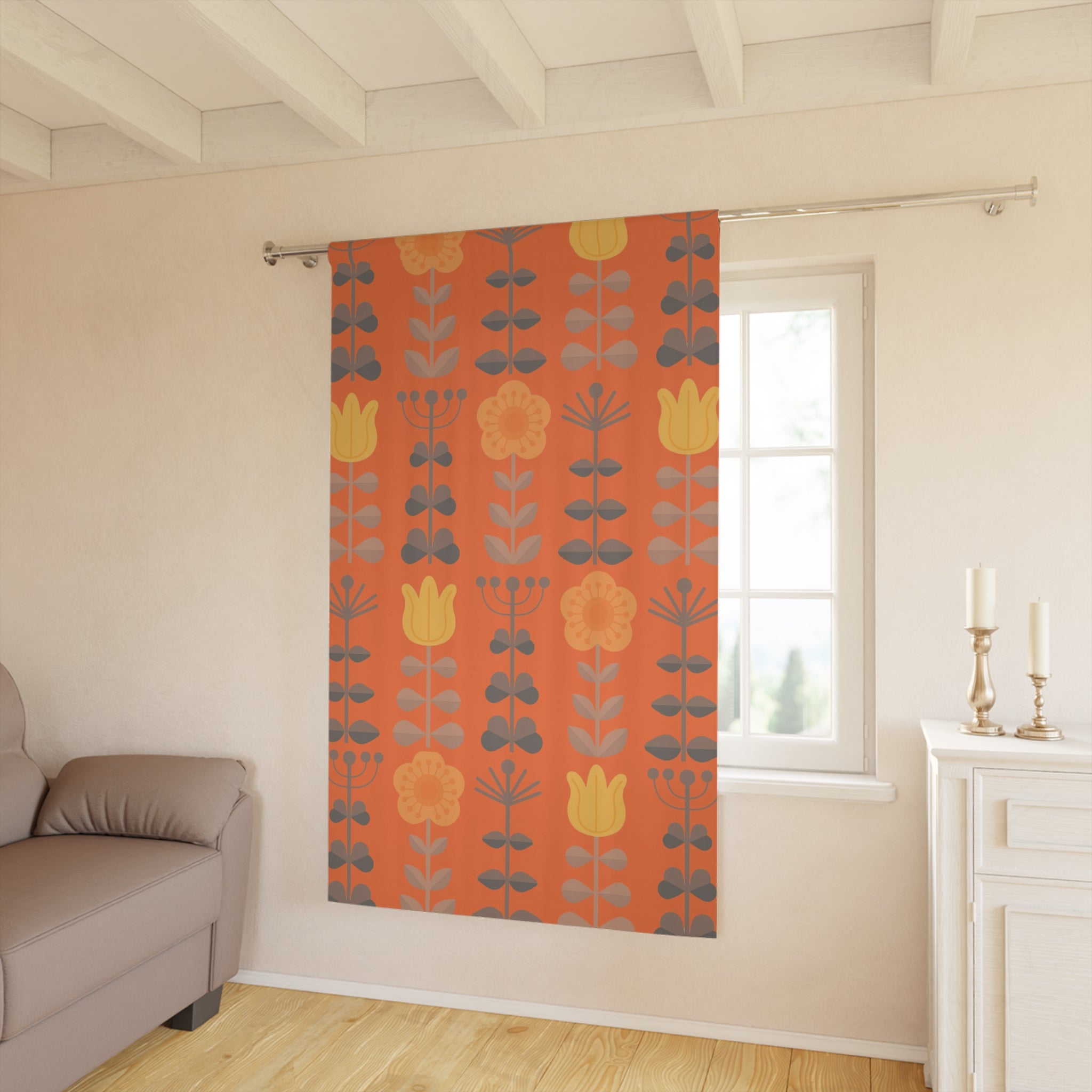 Scandinavian Curtains, Modern Danish, Nordic, Hygge, Orange, Yellow, Retro Folk Art Flowers, Floral Blackout Window Curtains - Mid Century Modern Gal