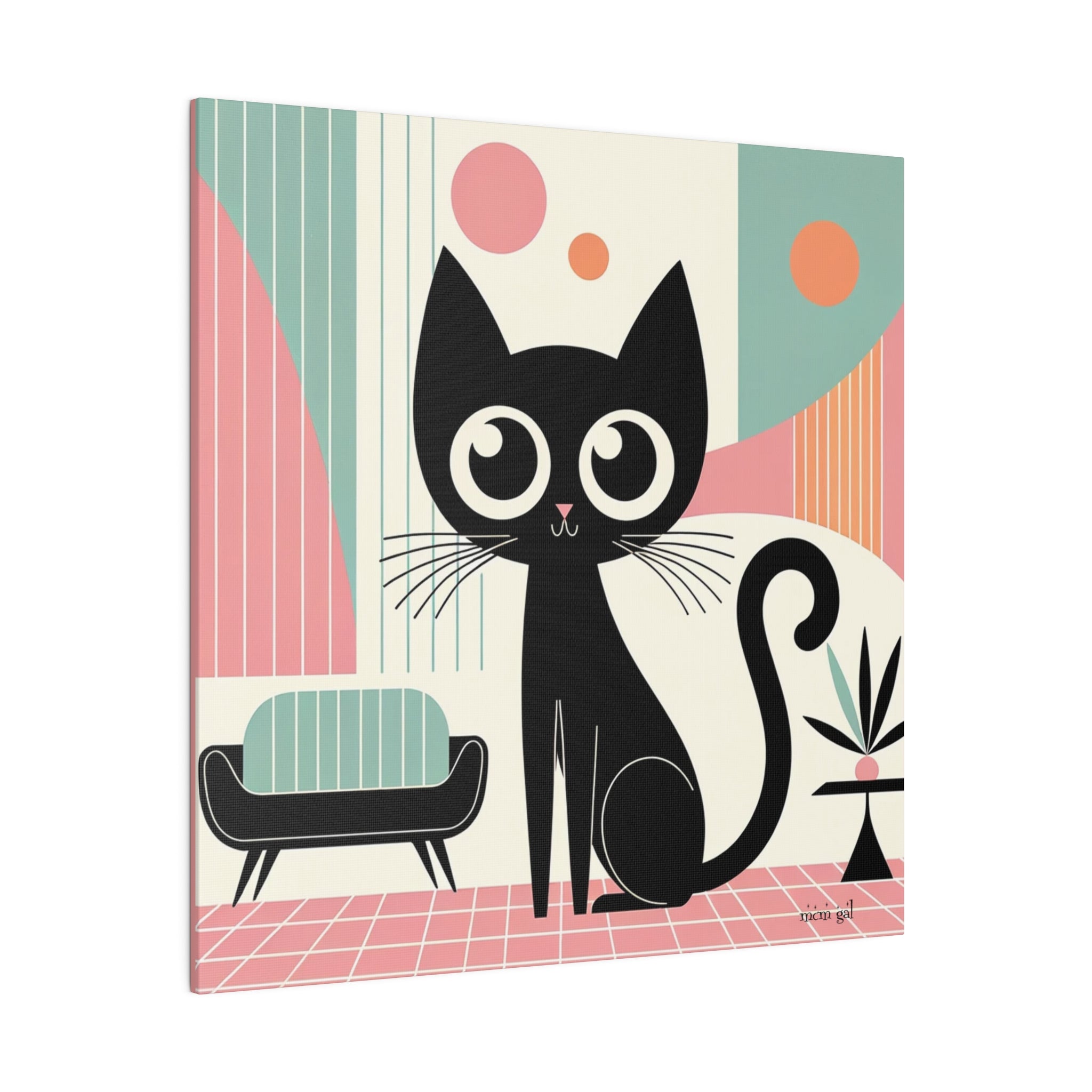 Mid Century Modern Atomic Kitty Cat, Pink, Kitschy Mod Matte Canvas - Mid Century Modern Gal