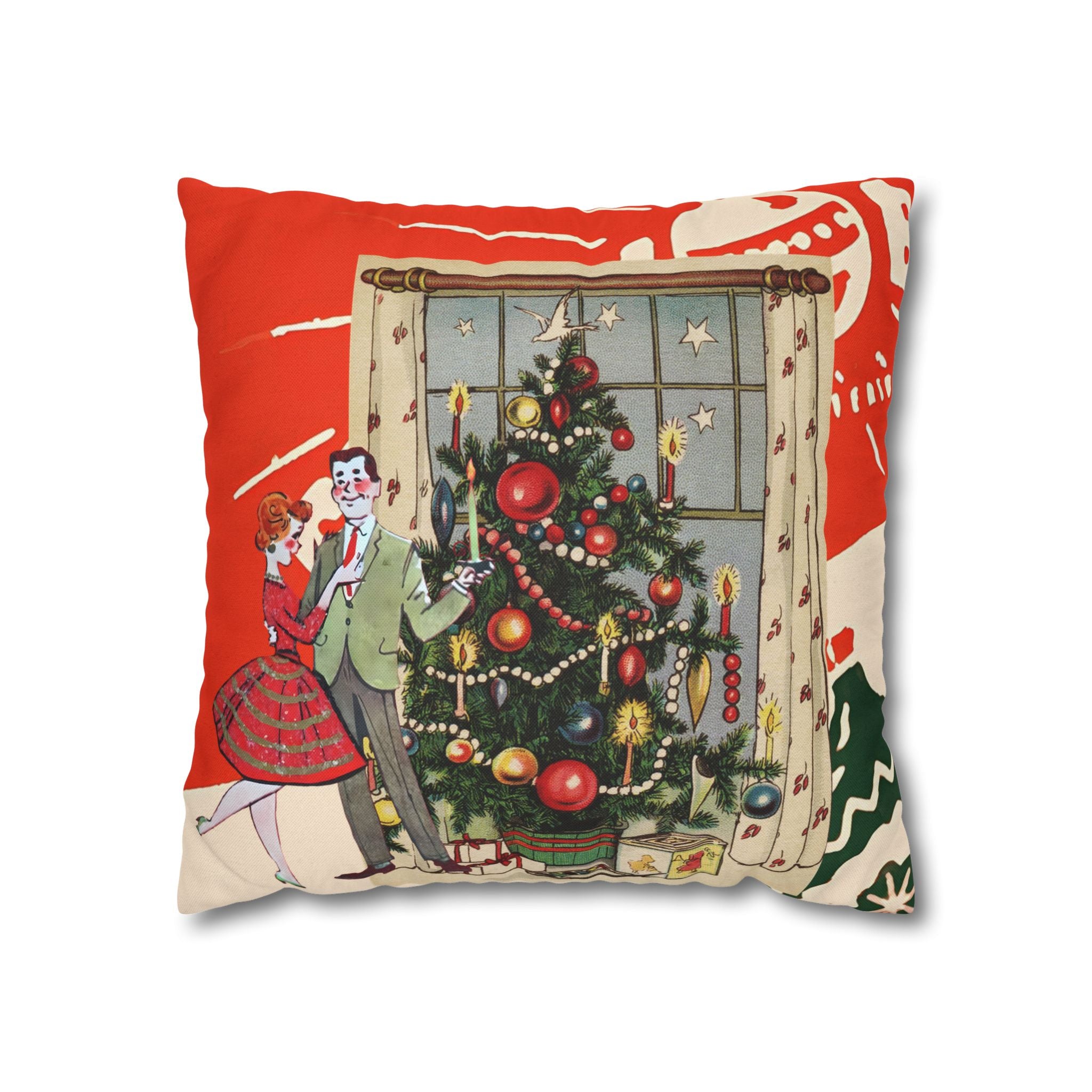 Vintage Kitschy Christmas 50s Couple, Mid Century Modern Holiday Pillow Cover - Mid Century Modern Gal