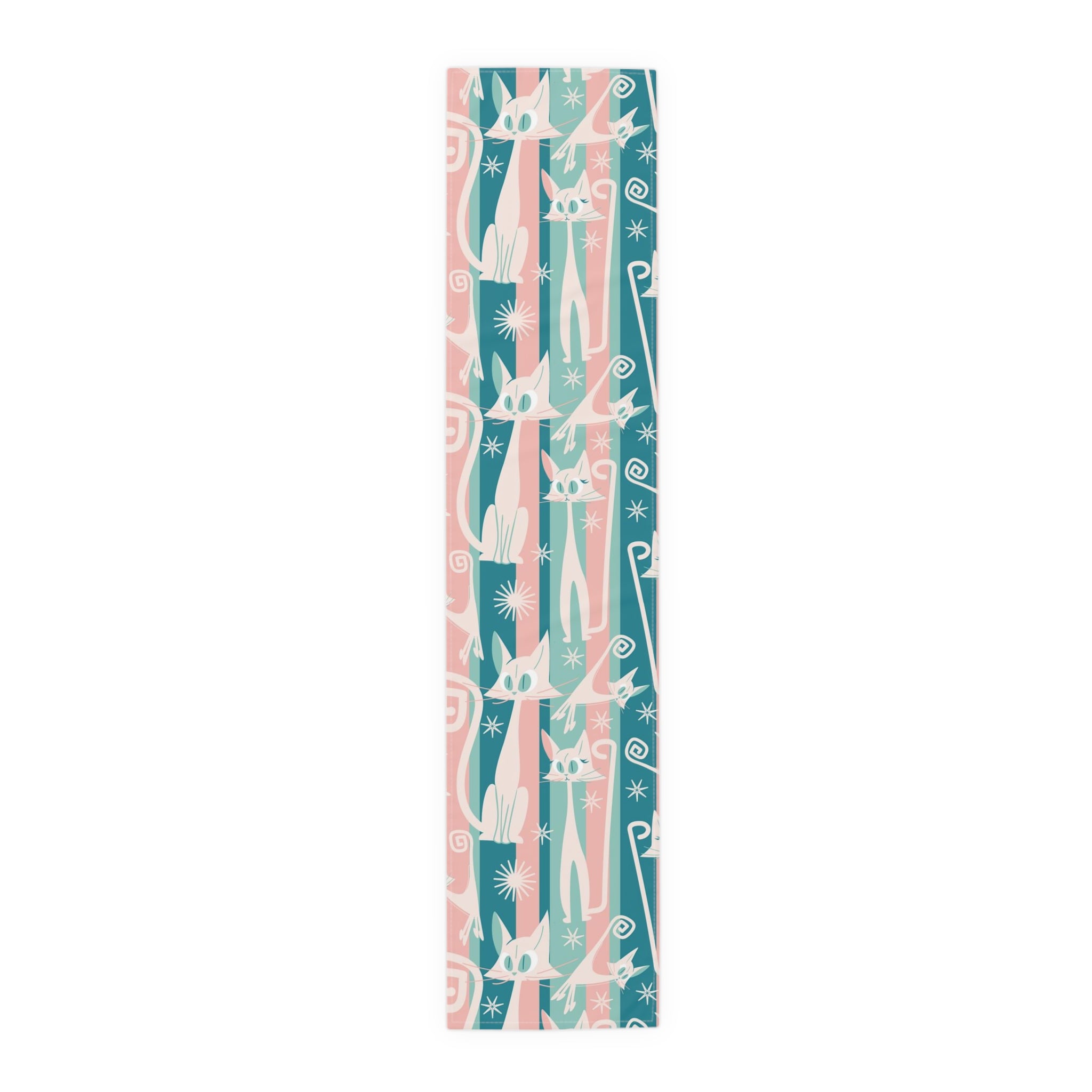 Kitschy Cat Cafe Aqua, Pink Bespoke Home Decor, Mid Century Modern Table Runner - Mid Century Modern Gal