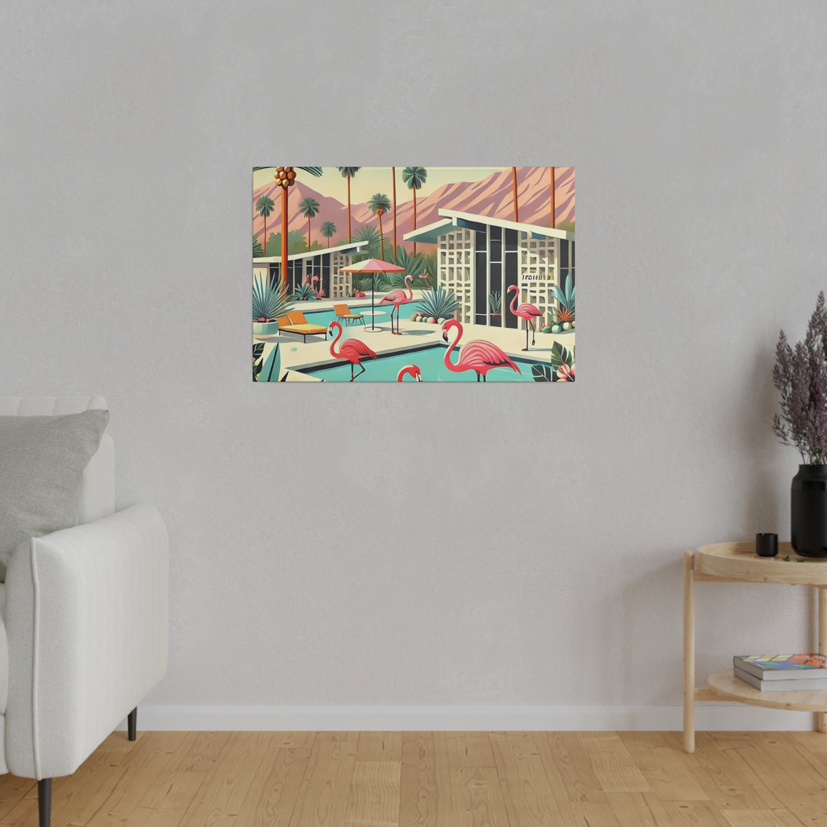 Mid-century modern wall art featuring flamingos and Palm Springs scenery, perfect for retro-inspired decor.