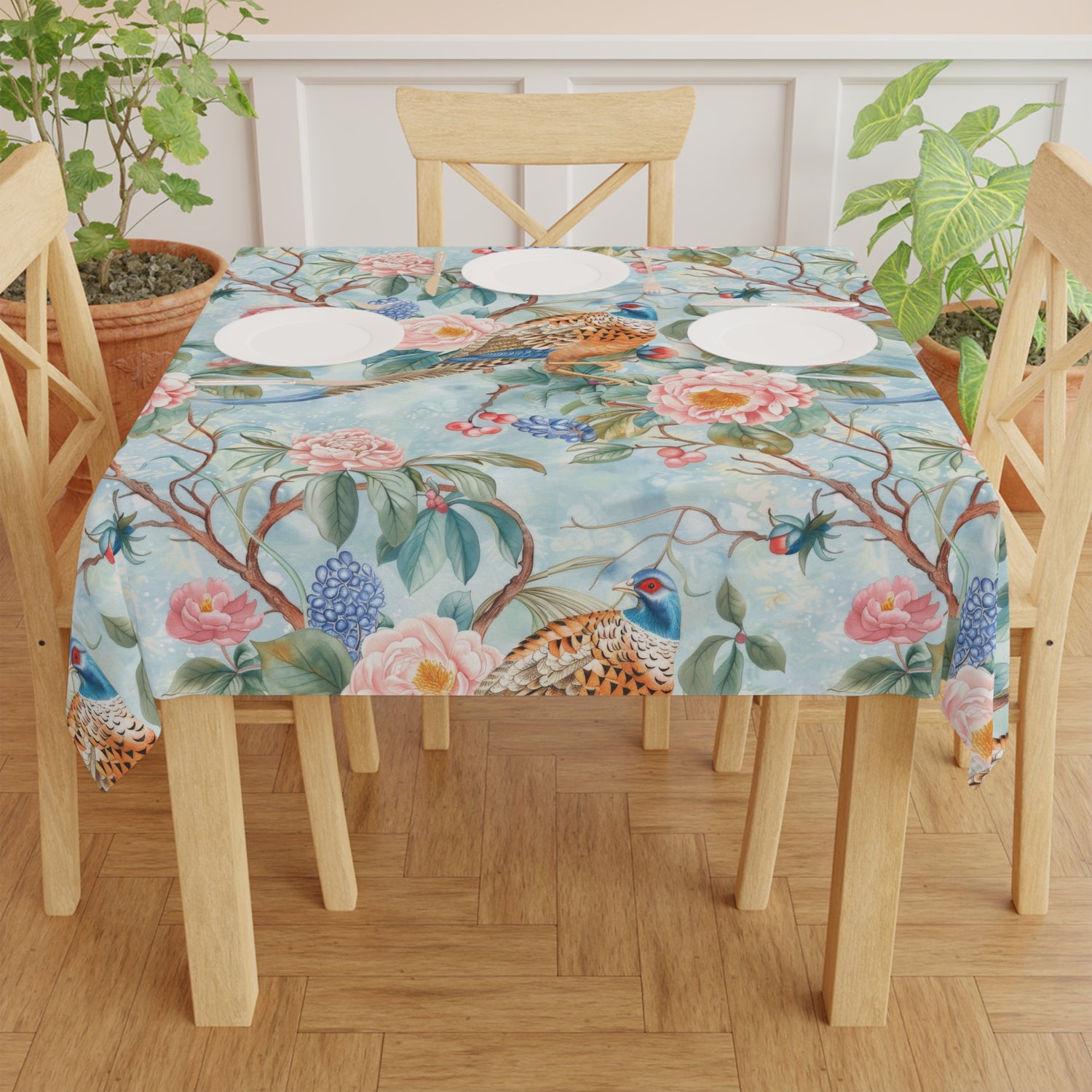 Chinoiserie Tablecloth Elegant Floral Bird Design - Perfect for Dining, Events, and Celebrations - Mid Century Modern Gal