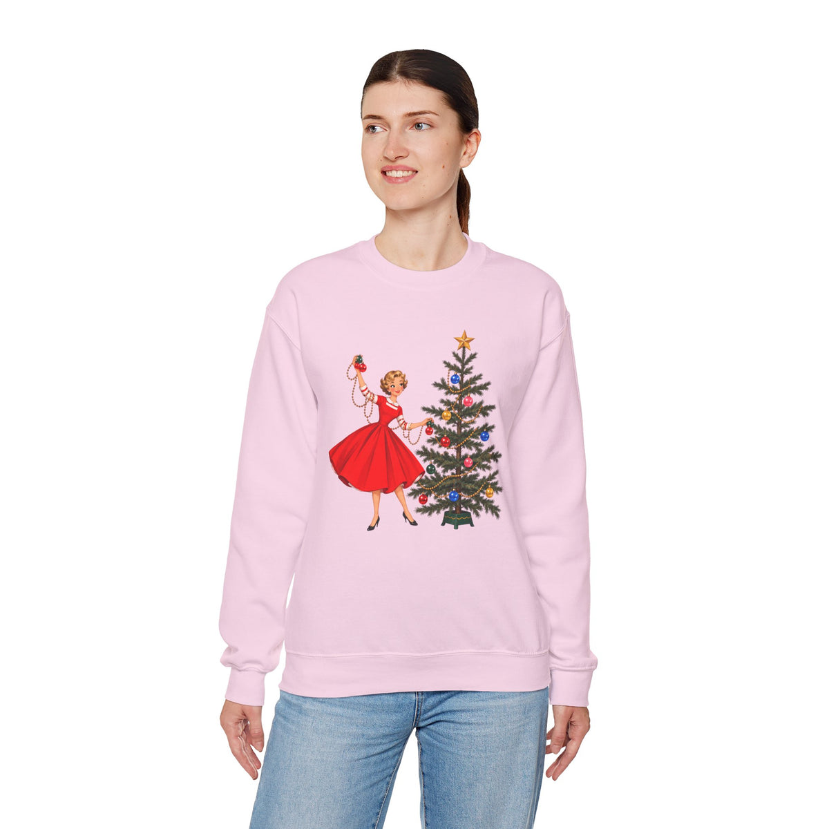 Mid Century Modern Gal Decorating Christmas Tree Unisex Heavy Blend™ Crewneck Sweatshirt - Mid Century Modern Gal