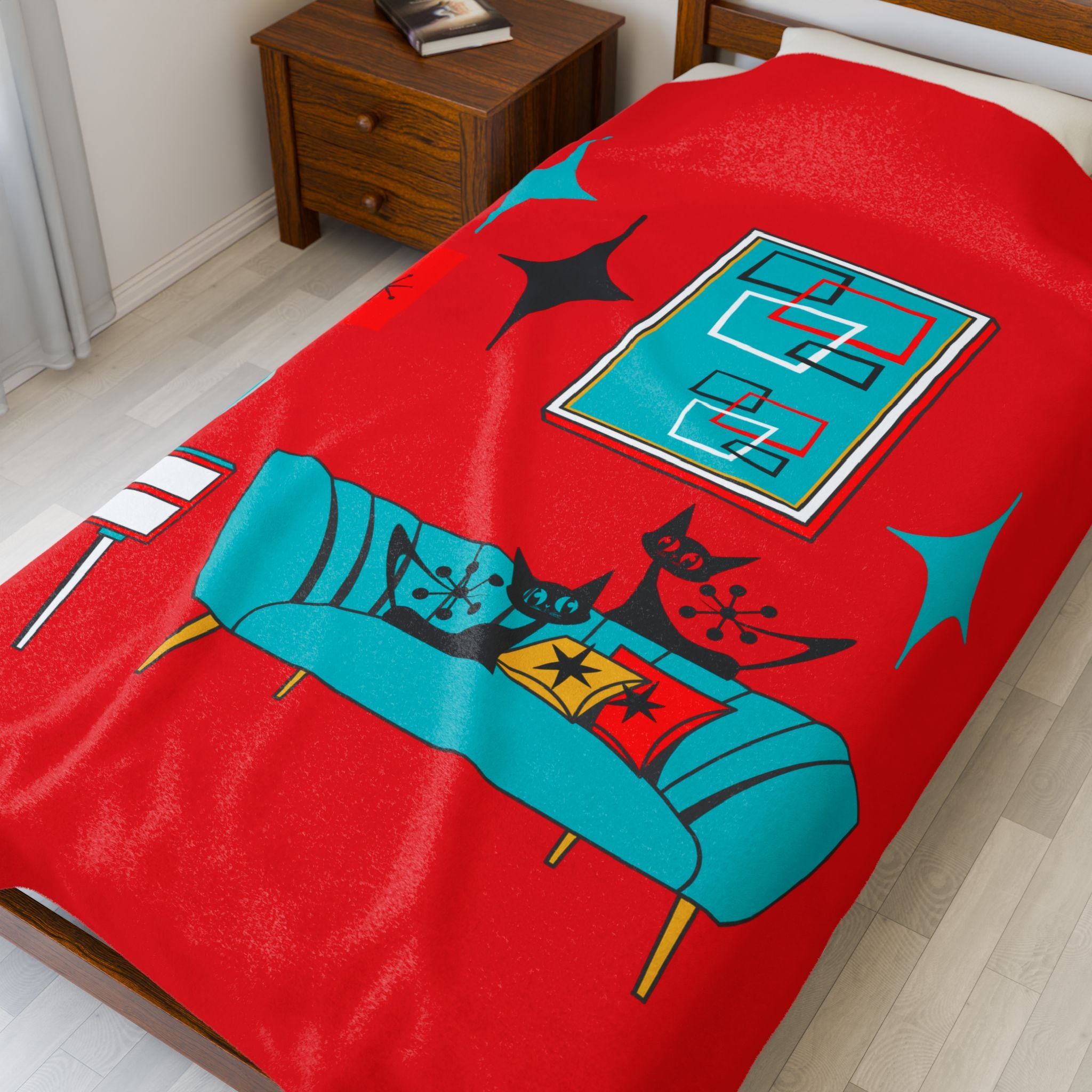 Atomic Cat Art, Cozy Mid Century Modern, Retro Red, Aqua Blue, Teal, Starburst, Black Cat Lover Sherpa Blanket - Mid Century Modern Gal