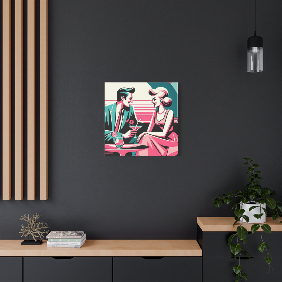 Mid Mod Retro Romance Pink, Aqua Teal Kitschy Mod Wall Art - Vintage Couple Design - Mid Century Modern Gal