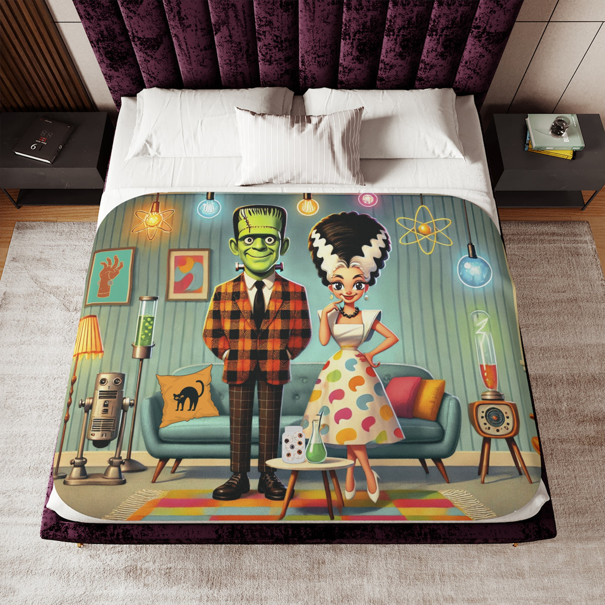 Frankenstein And Bride Retro Monster Sherpa Blanket - Cozy Design for Home Decor - Mid Century Modern Gal
