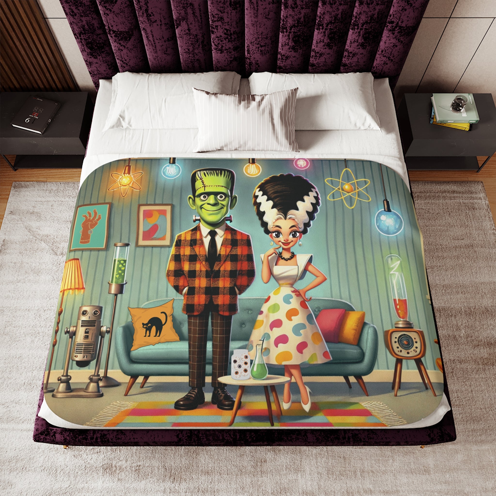 Frankenstein And Bride Retro Monster Sherpa Blanket - Cozy Design for Home Decor - Mid Century Modern Gal