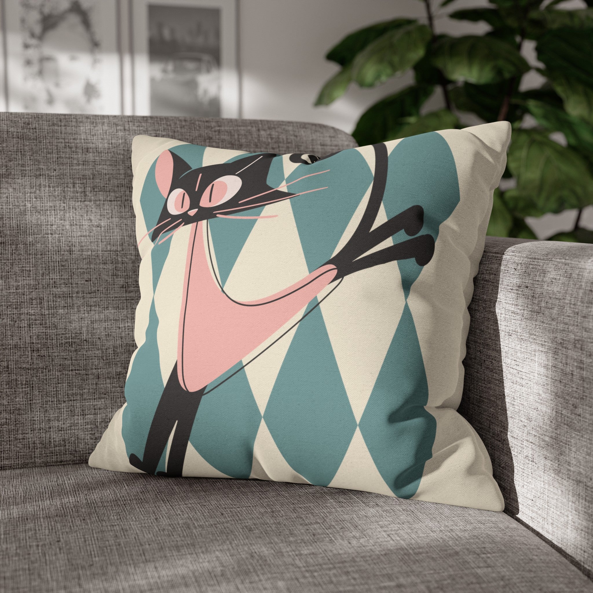 Atomic Kittie, Boomerang Mid Mod Atomic Cat, Harlequin Diamond Kitschy Pillow Cover - Mid Century Modern Gal